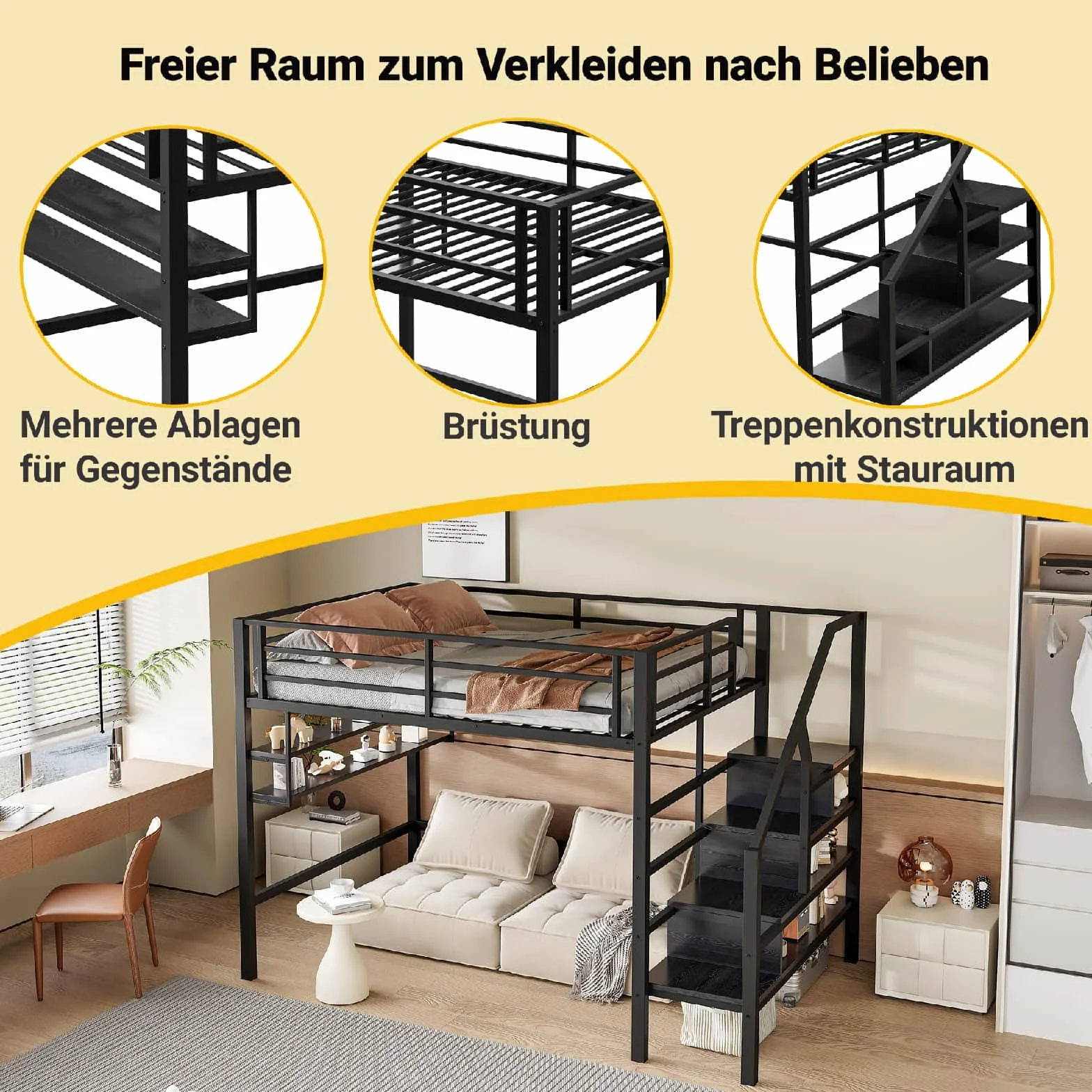 PUGSDRLY Lit Mezzanine 2 Place,Lit Mezzanine Enfant 140x200cm,lit superposé avec Escalier de Rangement et étagères,Design de Clôture Haute,pour Enfant et Adolescent (Noir)