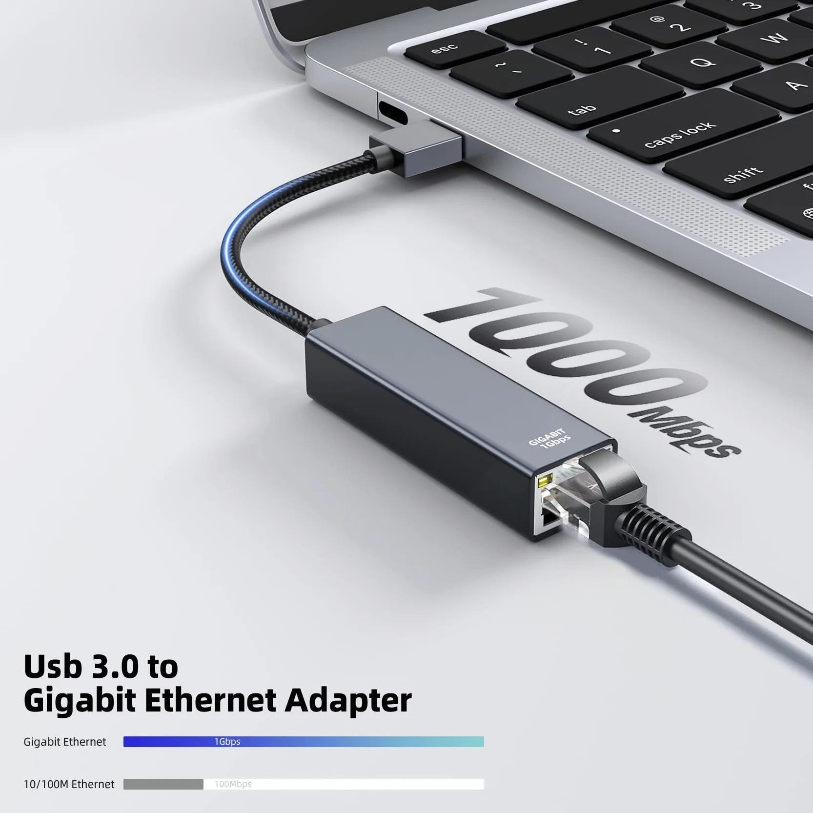 Adaptateur USB 3.0 vers Ethernet RJ45 1000 Mbps en aluminium et nylon pour ordinateur portable MacBook Surface PC