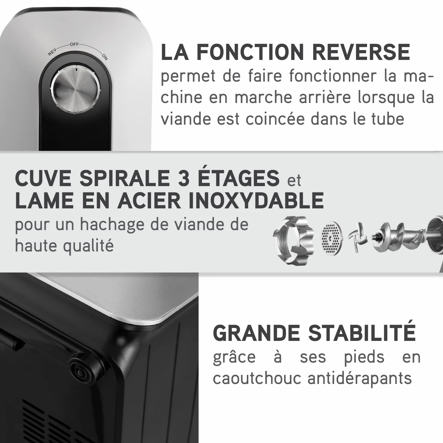 Twinzee Hachoir à Viande Électrique (Noir) - Hachoir Électrique Polyvalent avec 3 Plaques de Coupe en Métal et 3 Embouts à Saucisses, 1500W Max