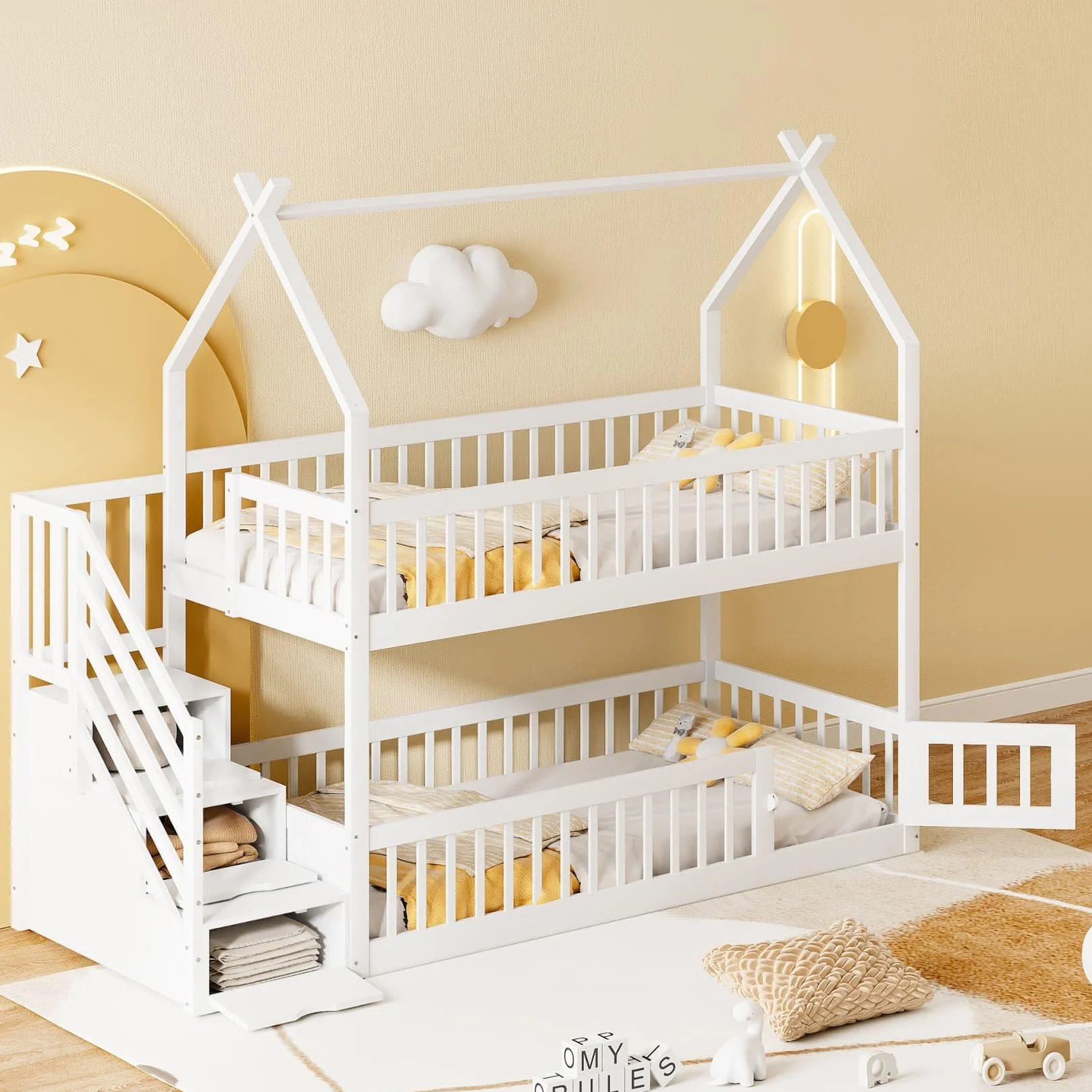 Lit Superposé Enfant 90x200 avec Échelle de Rangement,Porte,Haute Barrière de lit,Lit Cabane Enfant avec Sommier à Lattes Solide,pour Enfants Adolescents(B-Blanc, 90x200)