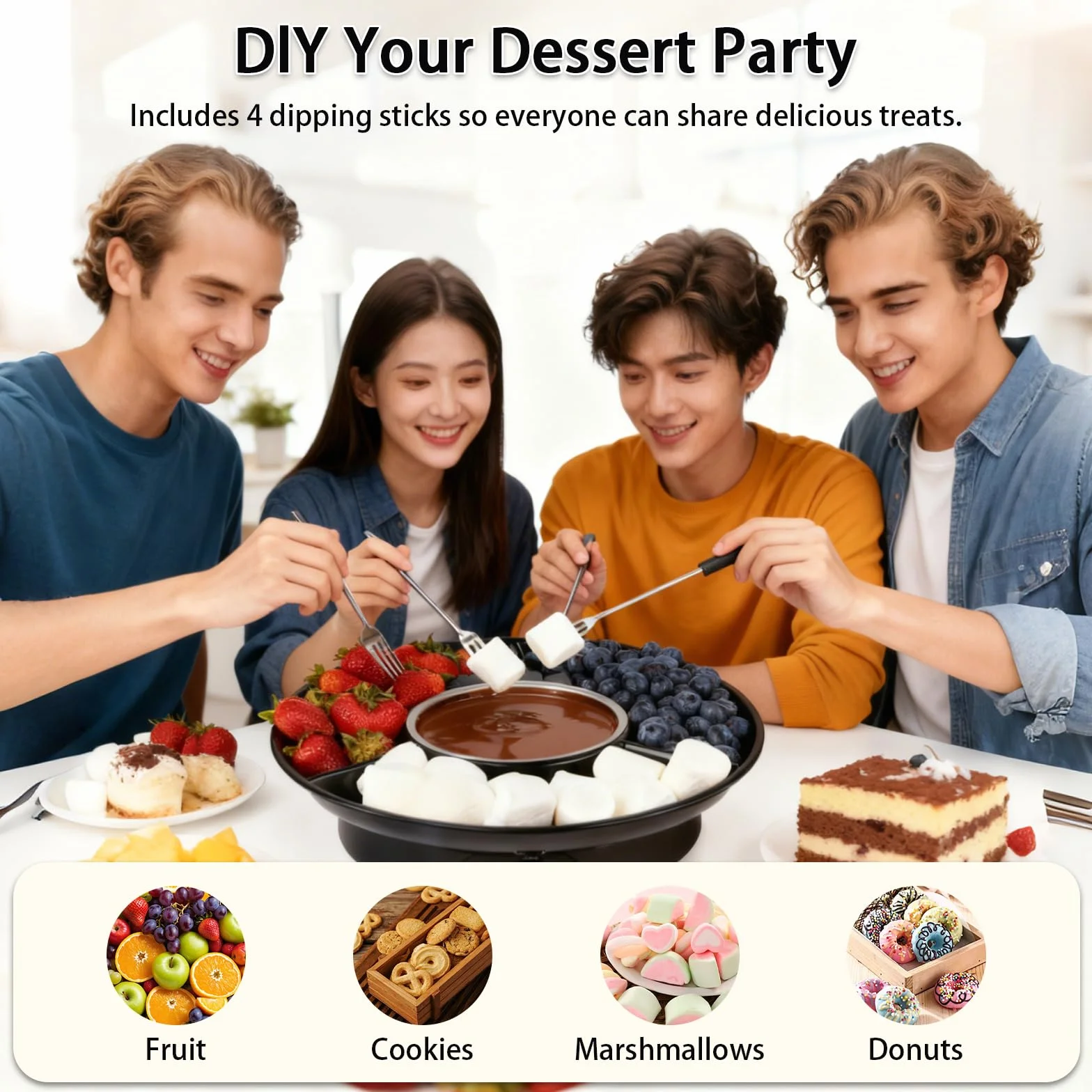 Set à Fondue au Chocolat Électrique, Pot à Chocolat 280 ml avec 2 Niveaux de Température, Casserole en Aluminium Amovible, Plateau de Service et 4 Fourchettes, Idéal pour Soirées Romantiques