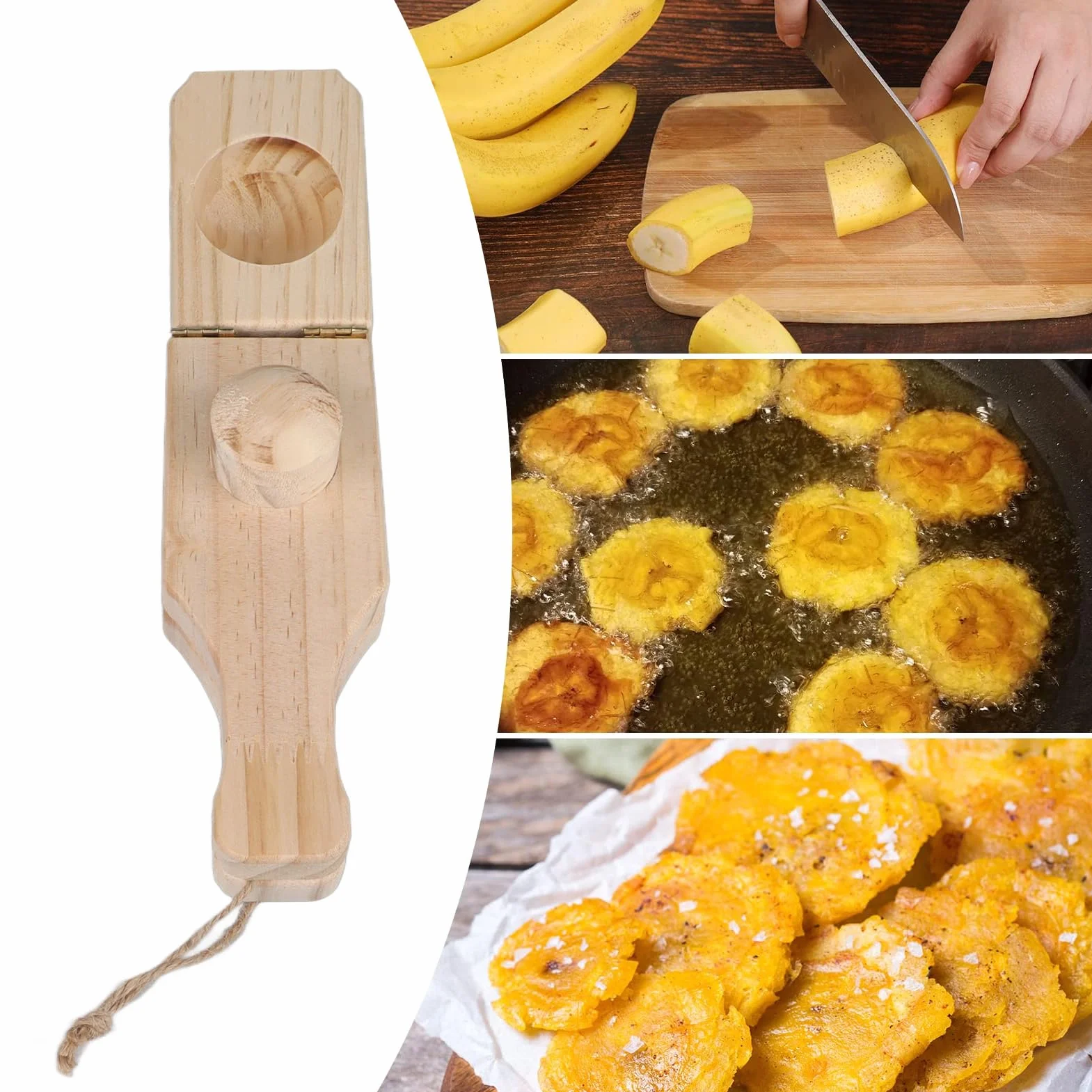 Presse à Plantain en Bois Tostonera Plantain Masher Réutilisable avec Lanière Suspendue