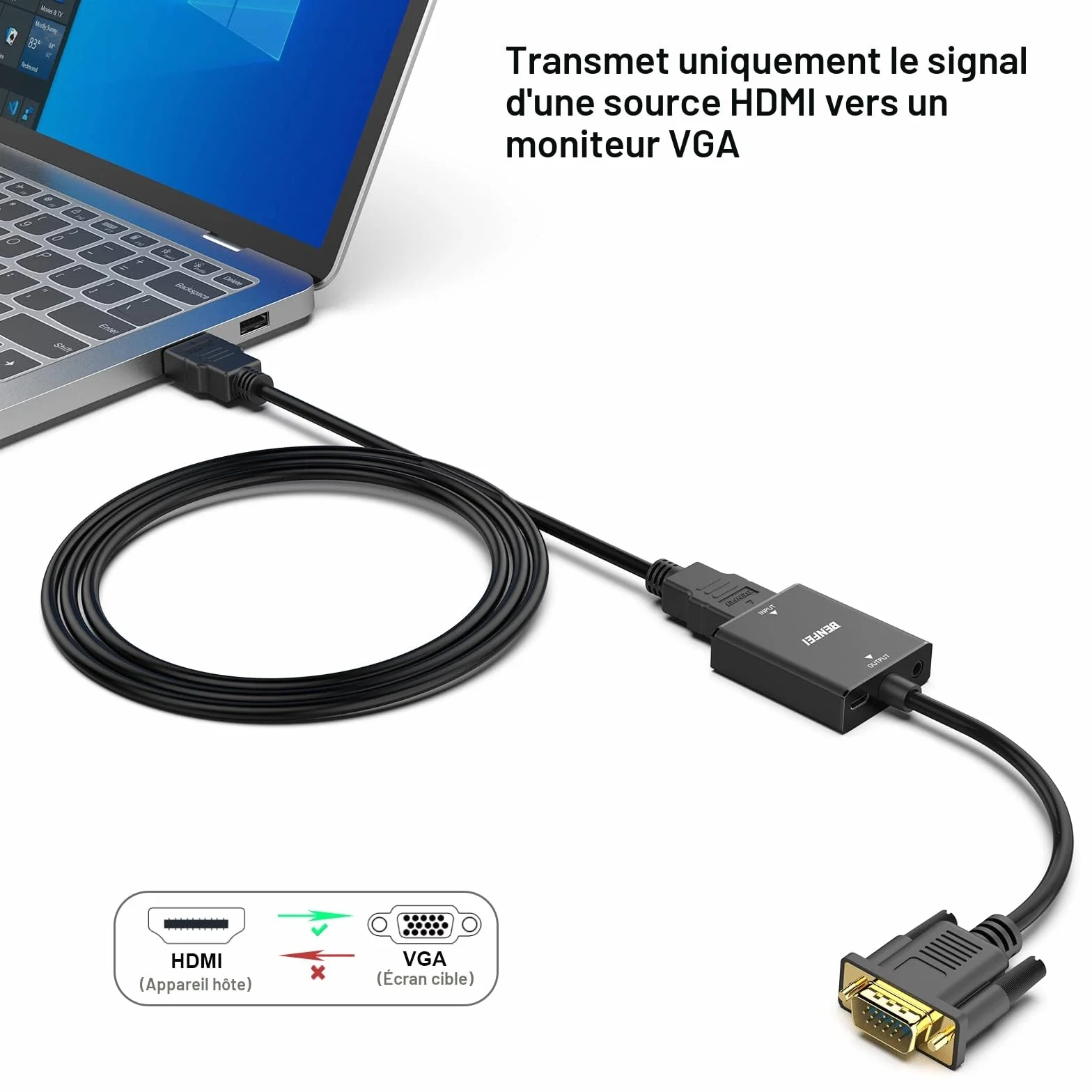 BENFEI Adaptateur HDMI vers VGA Femelle vers Mâle avec Audio 3,5 mm