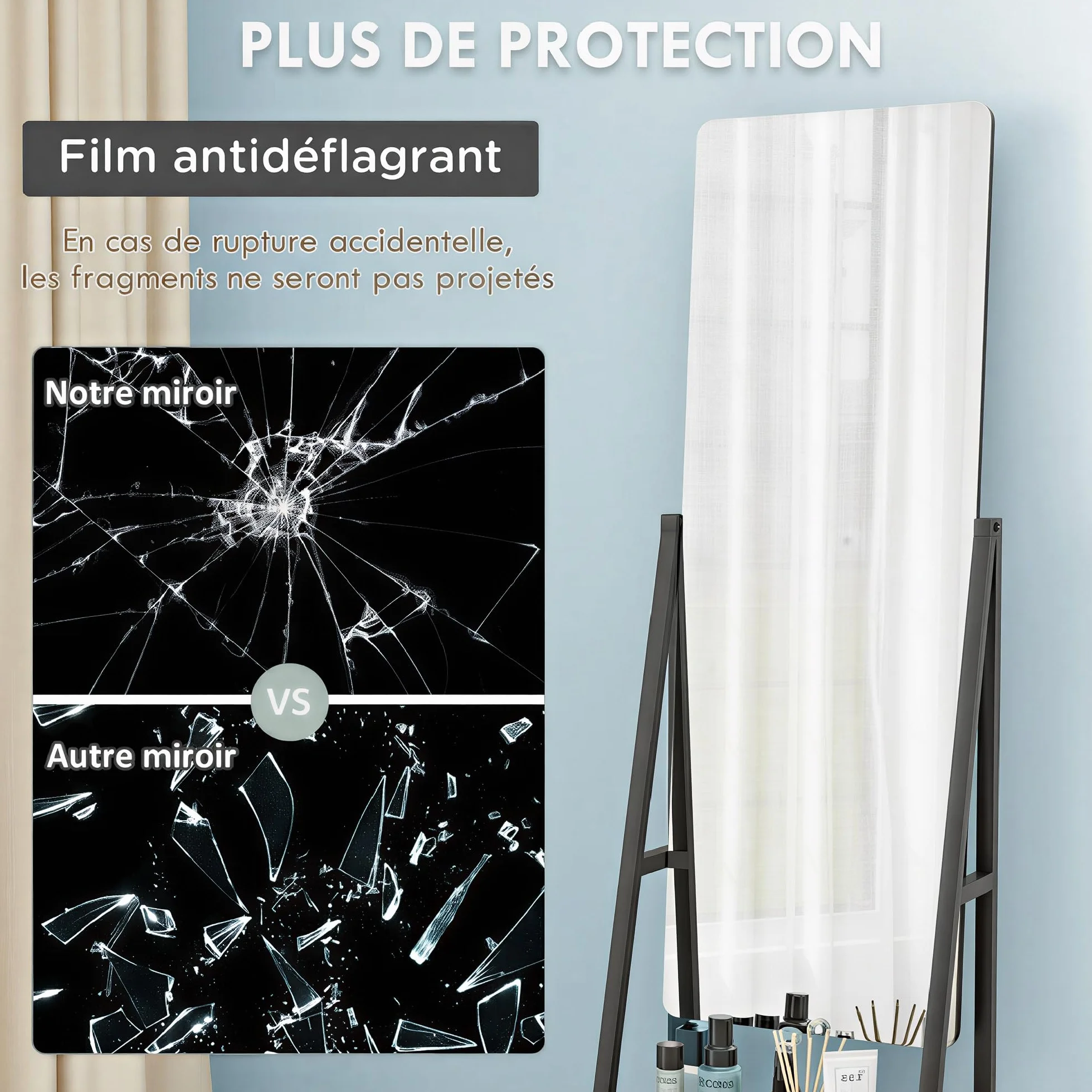 HOMCOM Miroir sur Pied rectangulaire avec Angle Ajustable, Miroir de Sol sur roulettes, 2 étagères, 4 Roues, 42x37x155 cm, Noir et Brun Rustique