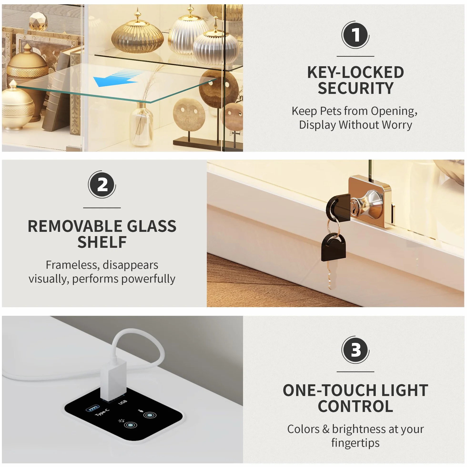 Vitrine pour Collection avec éclairage LED - Portes Vitrées Verrouillables,Vitrine en Verre avec Capteurs,Vitrines de Collection à 3 Niveaux Vitrines pour Salon,Chambre,Blanc