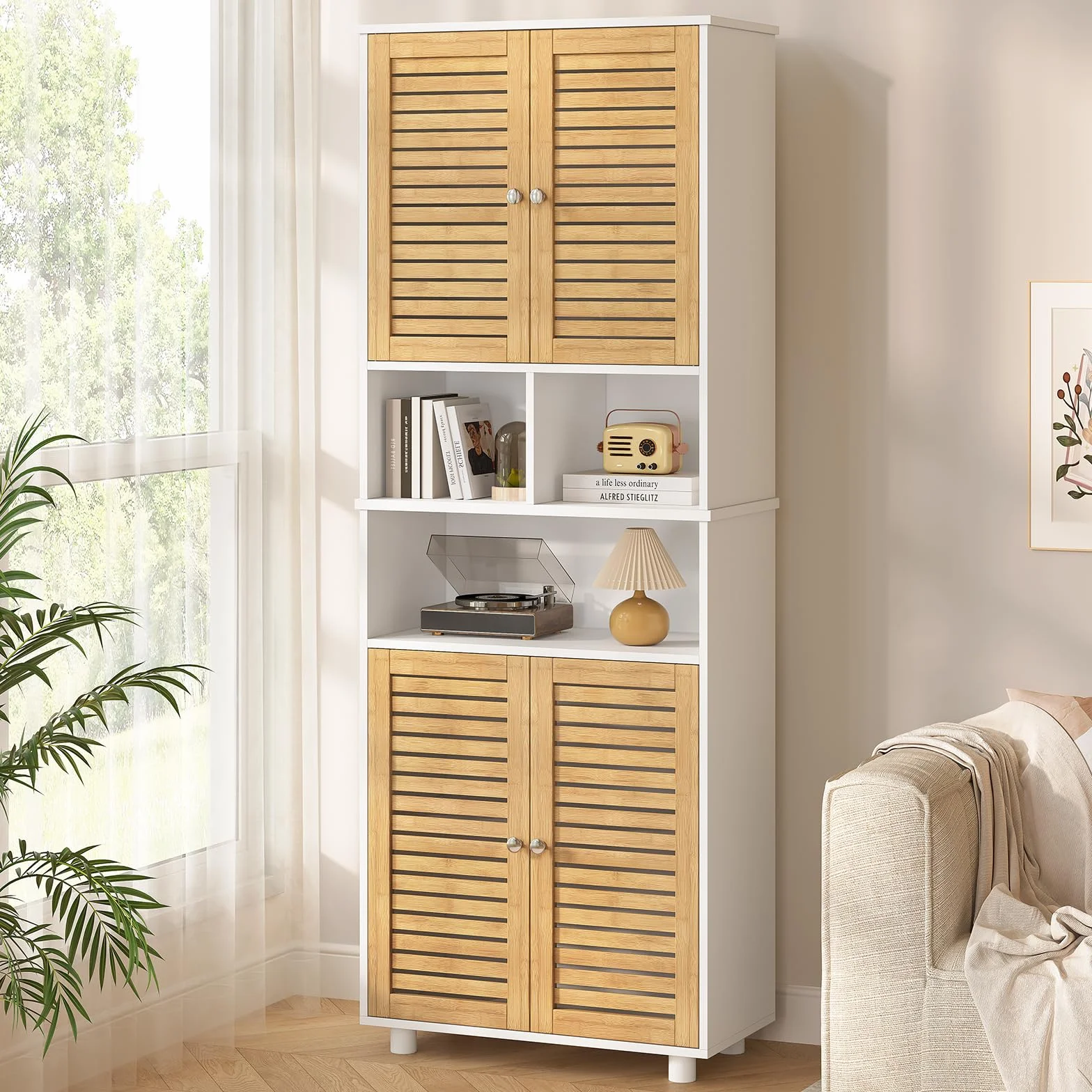 Meuble Colonne de Salle de Bain, Armoire Haute Cuisine avec 3 Étagères Réglables et Ouvertes, 4 Portes en Bambou, Meuble de Rangement pour Salon, Cuisine, Salle de Bain, 60x30x170 cm