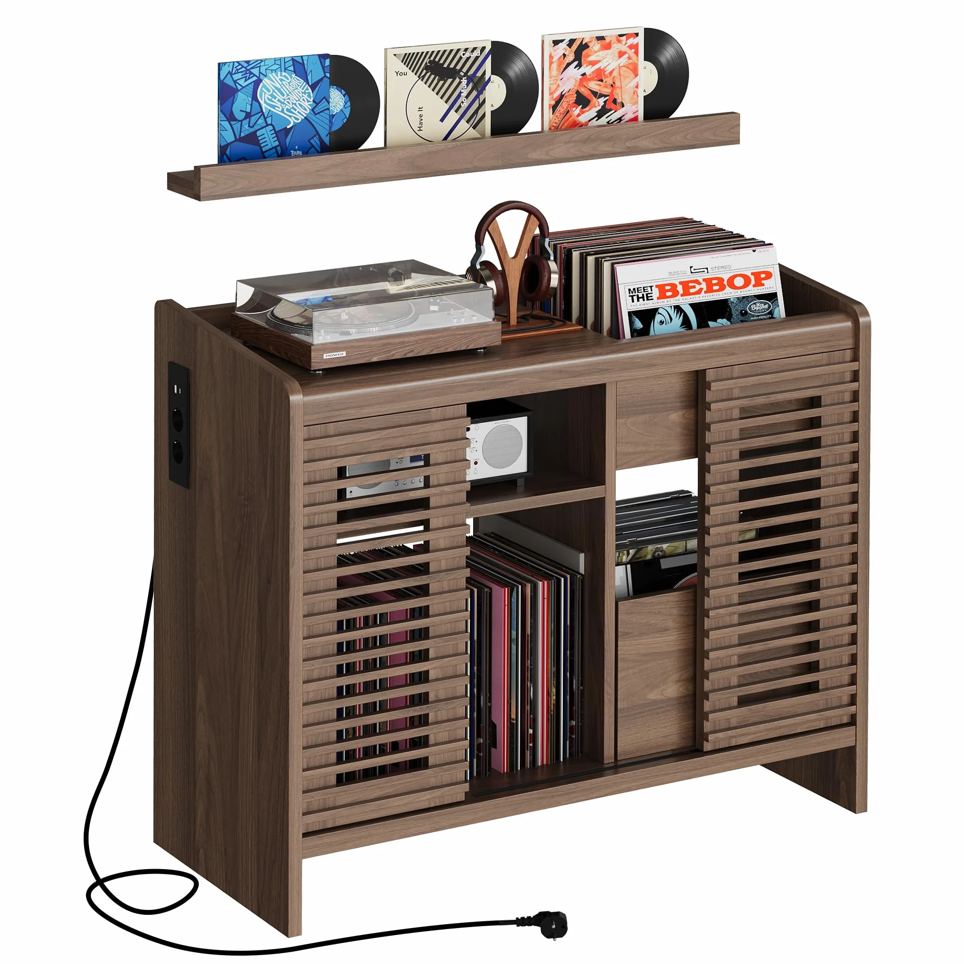 IRONCK Étagère pour Tourne-Disque Vinyle avec Support Mural pour disques vinyles, Rangement jusqu'à 350 Albums avec Prise de Charge, pour Salon et Chambre à Coucher, Marron Noyer rétro
