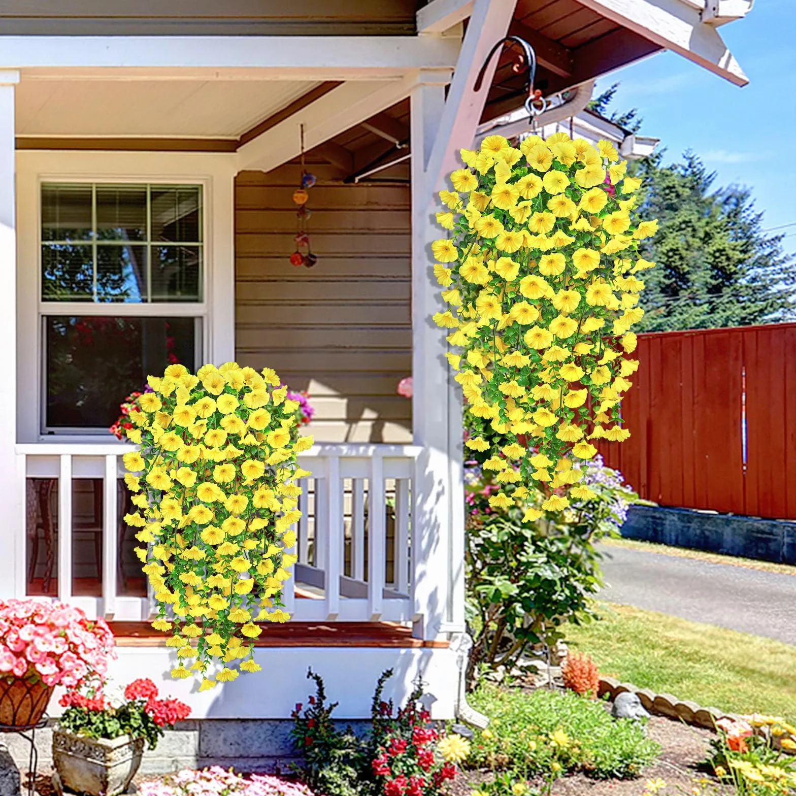 YSUVIN Fleurs Artificielles 2 Pièces Pétunia Plante Suspendue Extérieur Résistant UV Jaune