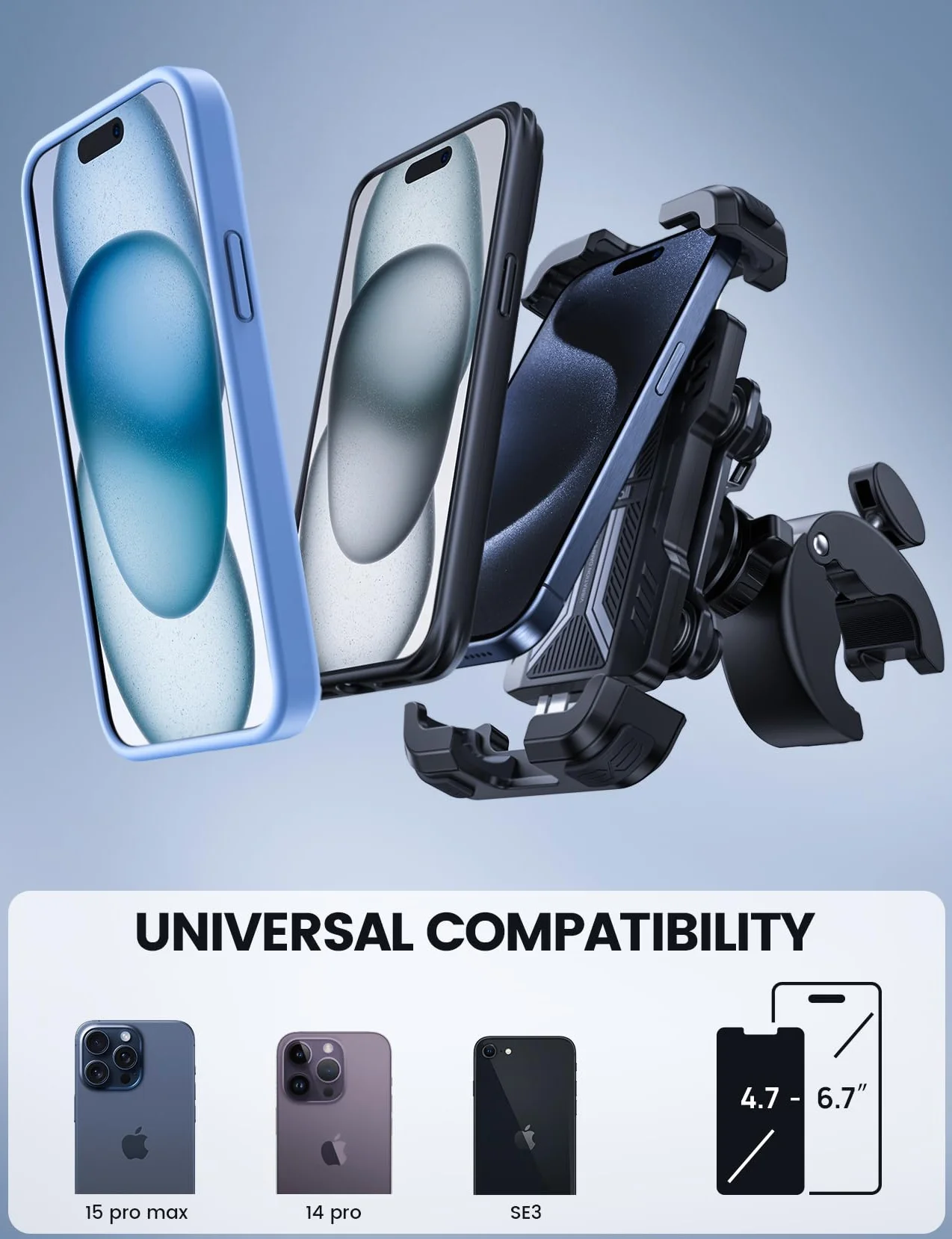 Lamicall Uchwyt na telefon dla motocykli[Podwójna antywstrząsowa]-Montaż na telefon do motocykla, uchwyt na telefon do roweru dla iPhone 16 15 14 13 12 Pro Max Plus Mini,Samsung,4,7-6,7” - Czarny