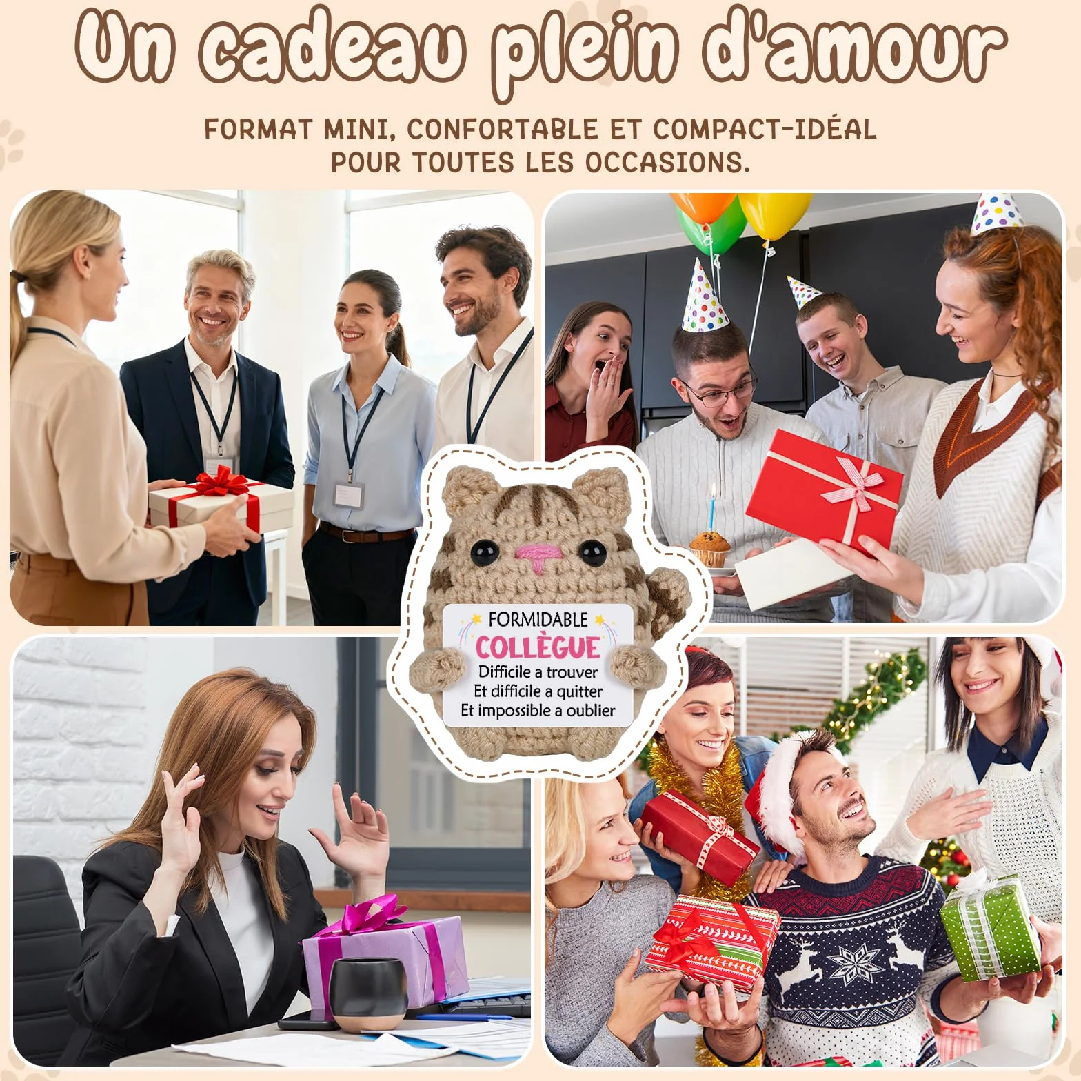 Peluche chat crochetée à la main avec carte de vœux, Cadeau Départ Collègue Femme, Décoration Bureau Maison