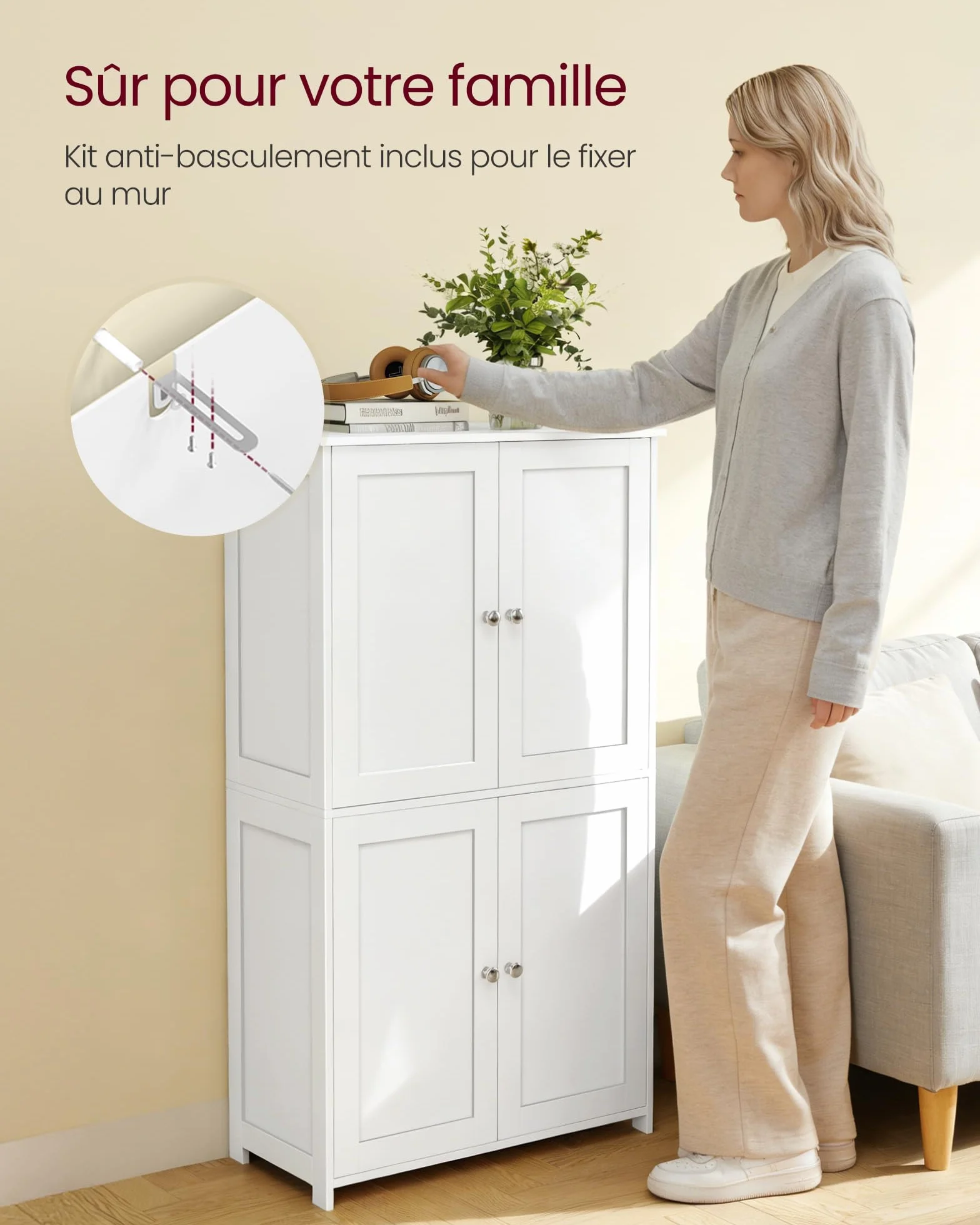 VASAGLE Meuble de Salle de Bain, Armoire de Rangement, Style Shaker, avec 2 Étagères Réglables, 4 Portes, Meuble Haut, pour Cuisine, Blanc Nuage BBC553WH01