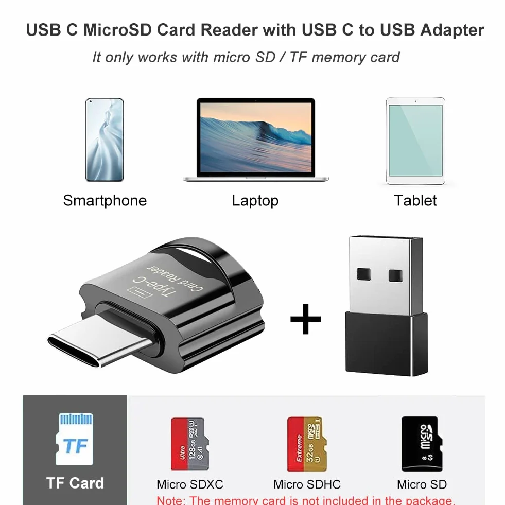 Czytnik kart micro SD, czytnik kart USB C TF z adapterem USB C na USB - kompatybilny z MacBookiem, laptopami, telefonami z systemem Android