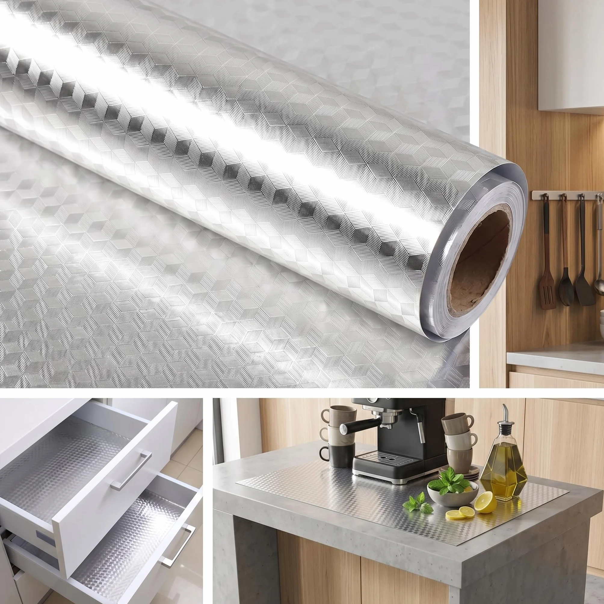 DOITOOL Autocollant Mural Cuisine Aluminium Résistant Huile Papier Peint Armoires Feuille Adhésive Imperméable 40cm x 3m Protection Anti-Graisse Dosseret