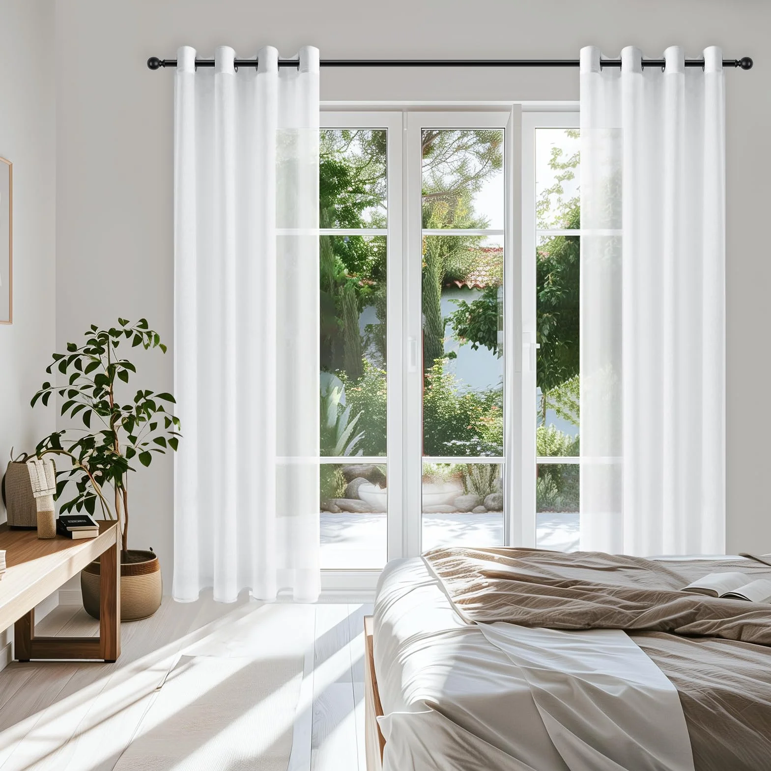 Topfinel Rideau Voilage Blanc 140x225cm 2 Pièces Voilage Effet Lin Transparent pour Salon Fenetre