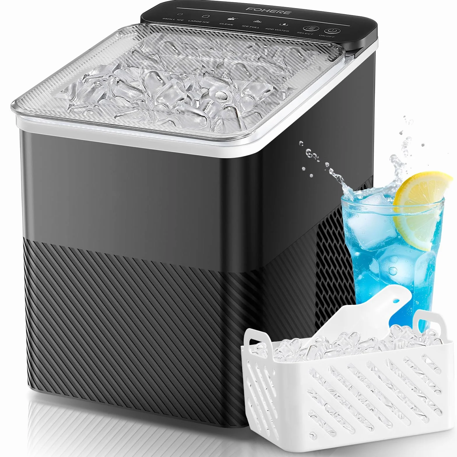 FOHERE Machine à Glaçons Portable 14kg/24h Autonettoyante Silencieuse Noir