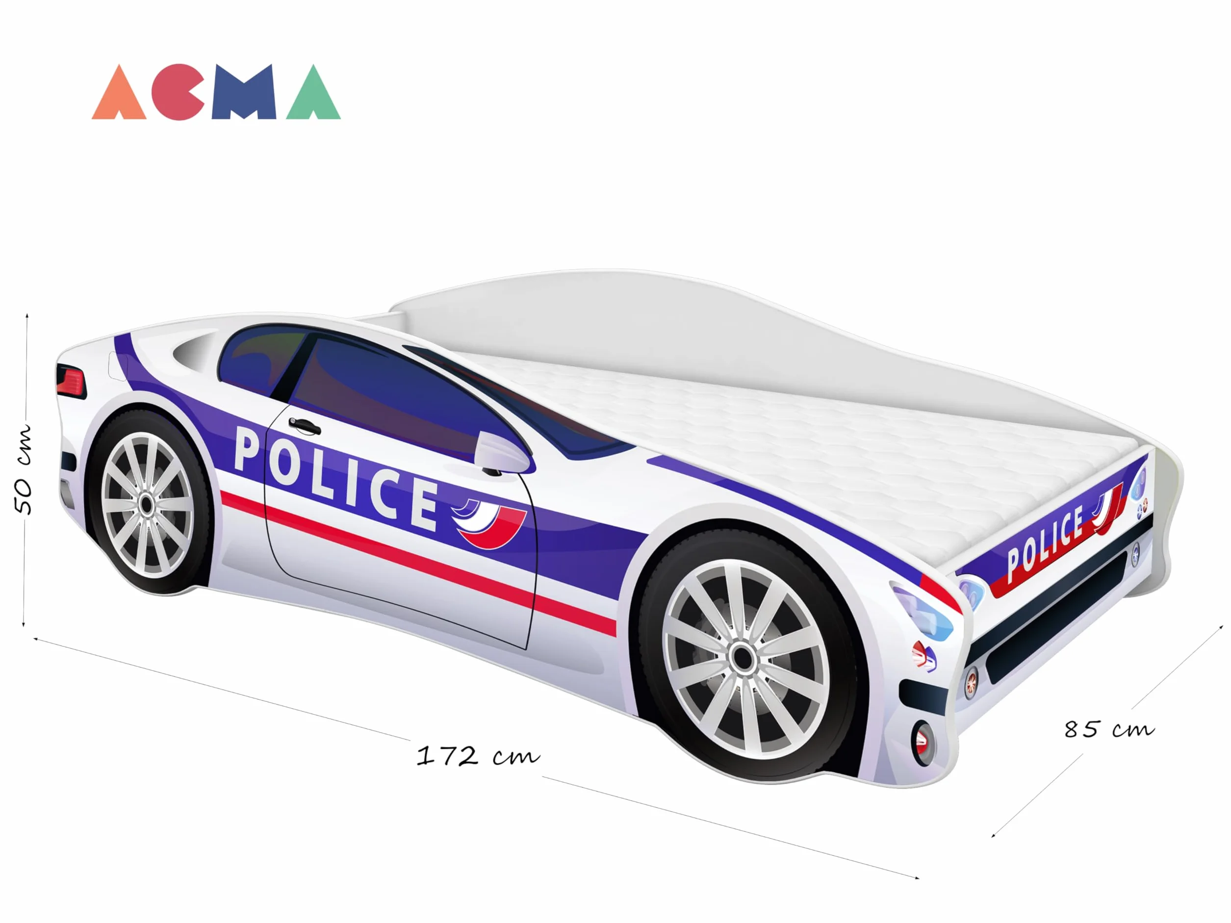 ACMA Lit Junior Voiture de Police 160×80 avec Matelas + Sommier | Lit Voiture Garçon | Personnalisation Prénom Offerte | Couchage Junior Design Auto