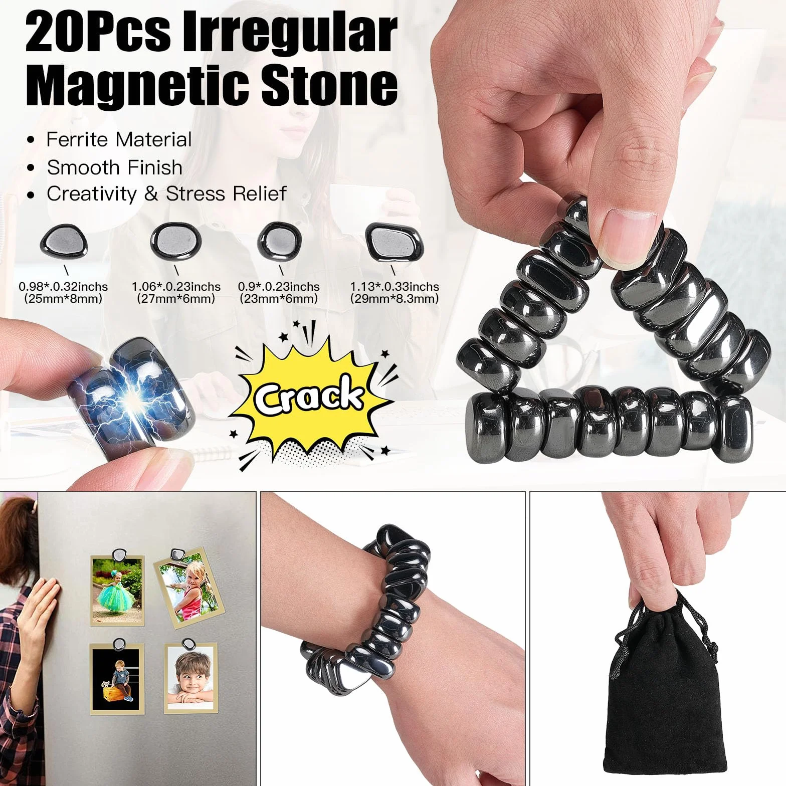 Aimants en Hématite Noirs, Pierres Magnétiques Irrégulières avec Sac de Rangement, Anti-Stress, Décoration