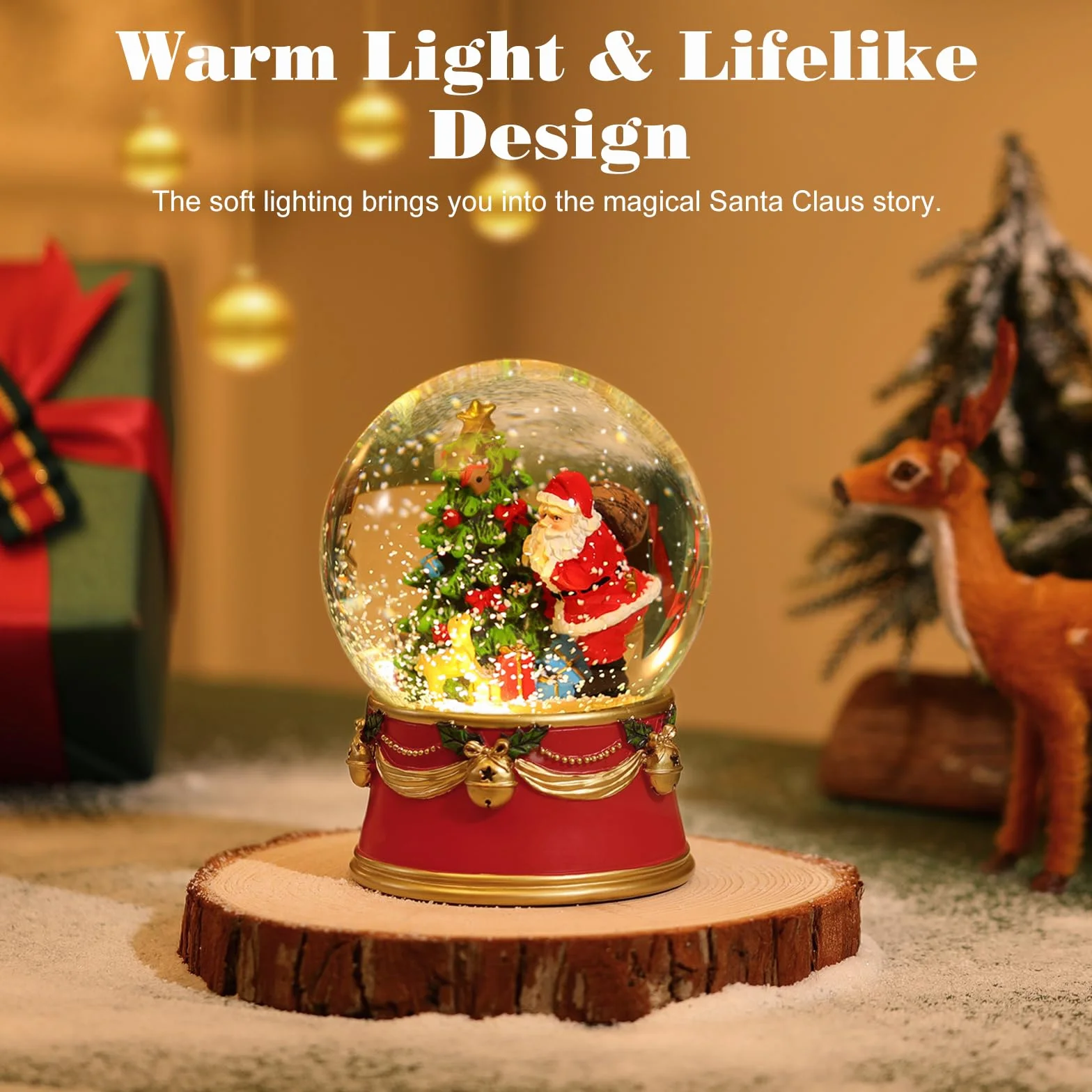 Lewondr Boule à Neige de Noël, Boule à Neige Électrique du Père Noël avec Flocon de Neige et Lumières, Boule à Eau de Noël Alimentée par Piles, Décoration de Noël pour Les Fêtes de Fin d'Année, Rouge