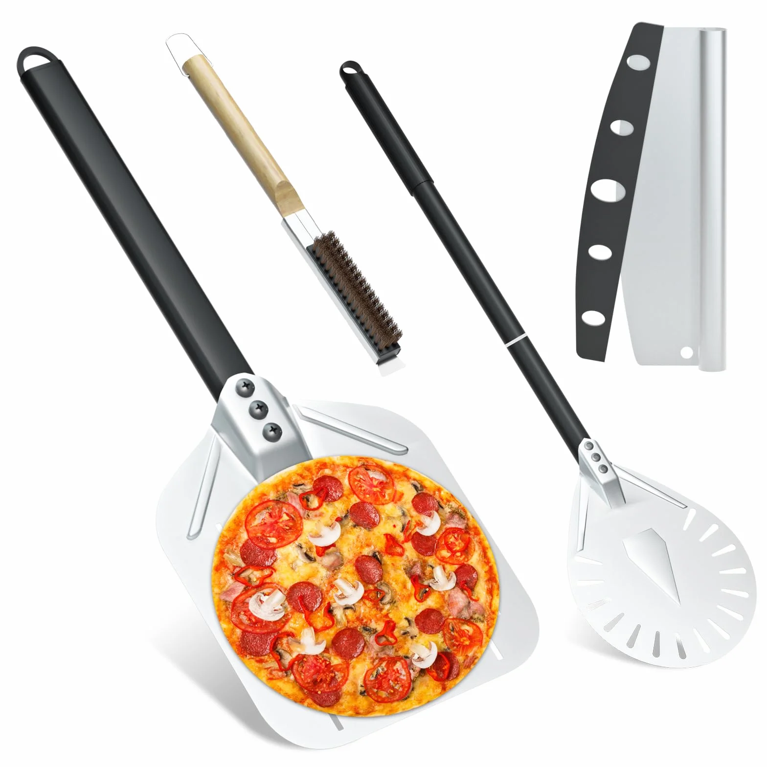 iklestar 4PCS Accessoires pour four à pizza, Pelle a pizza perforée de 30 cm, Peau à pizza en aluminium de 83cm avec un long manche, Outil de nettoyage de la pierre du four