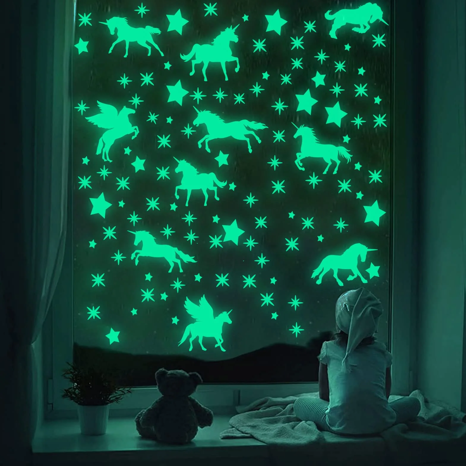 Autocollants Muraux Lumineux Étoiles Lune Fluorescentes pour Chambre Bébé Fille Enfants Décoration Plafond Vert