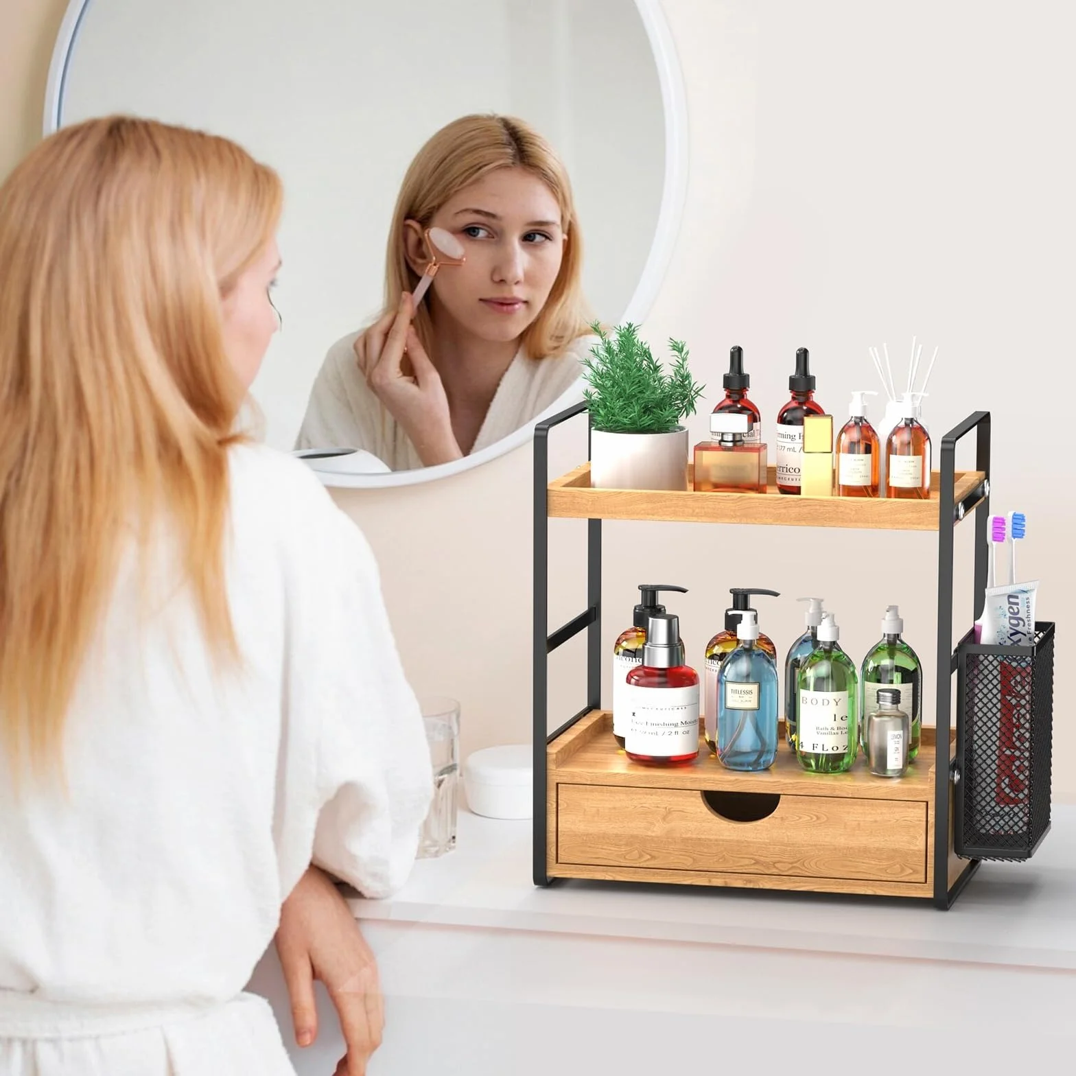 LEMIKKLE boîte de Rangement de Salle de Bain avec Panier, Organisation de Rangement, boîte de Rangement pour Soins de la Peau (Tirelires)