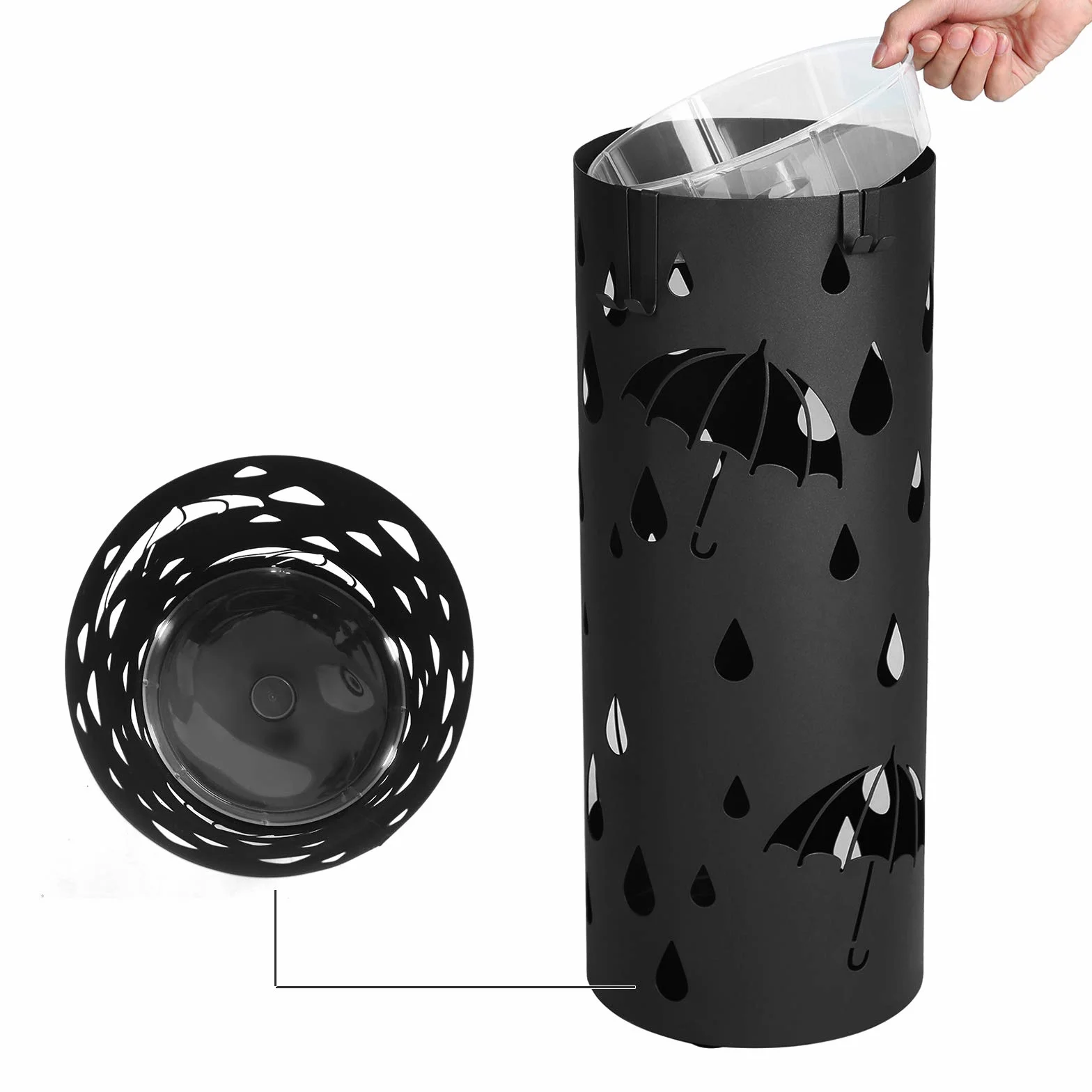 SONGMICS Porte parapluies en Métal avec Plateau et Crochets, 49 x Ø 19,5 cm, Noir LUC23B