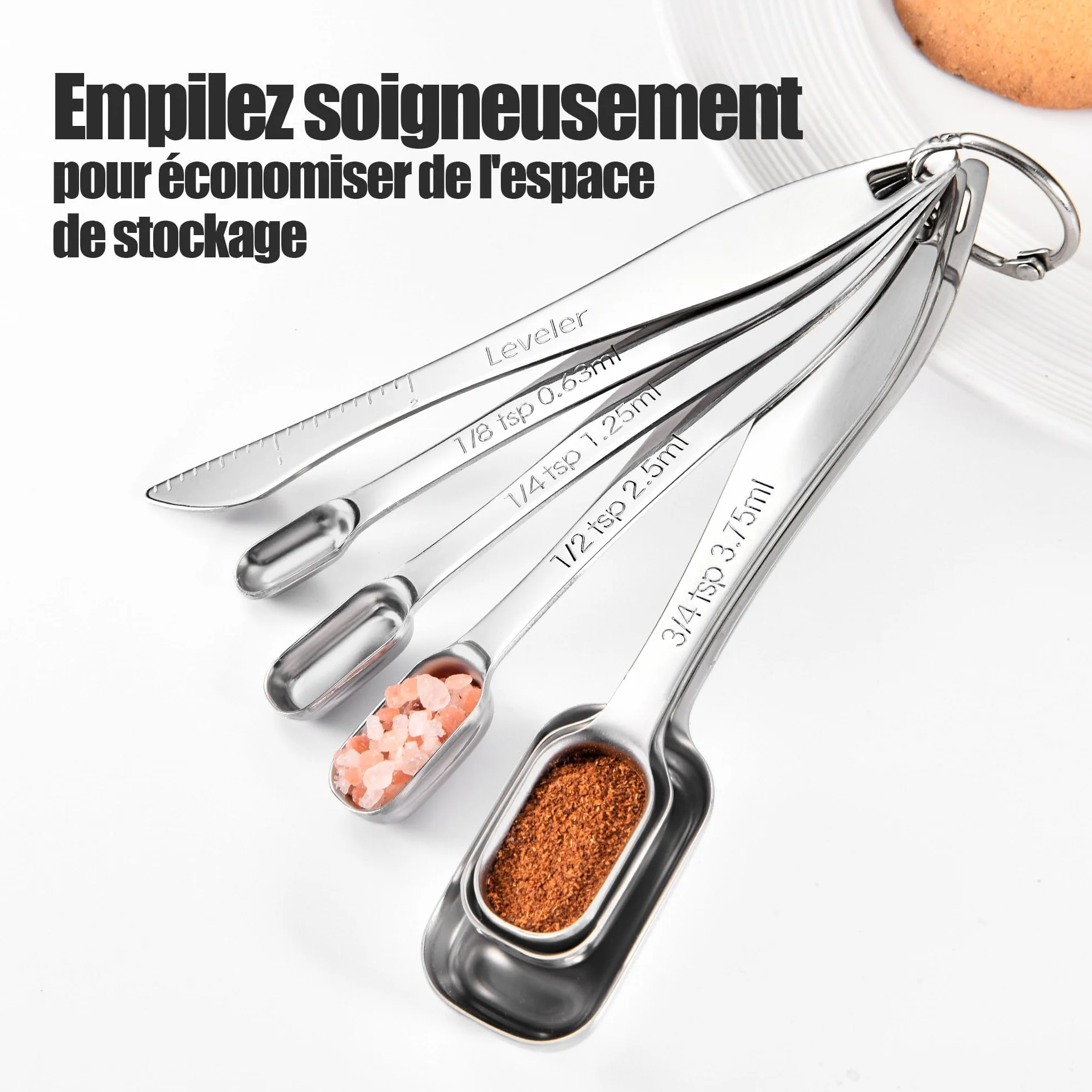 Doosu Ensemble de cuillères à mesurer en métal acier inoxydable 18/8, cuillères à café long manche, 7 pièces