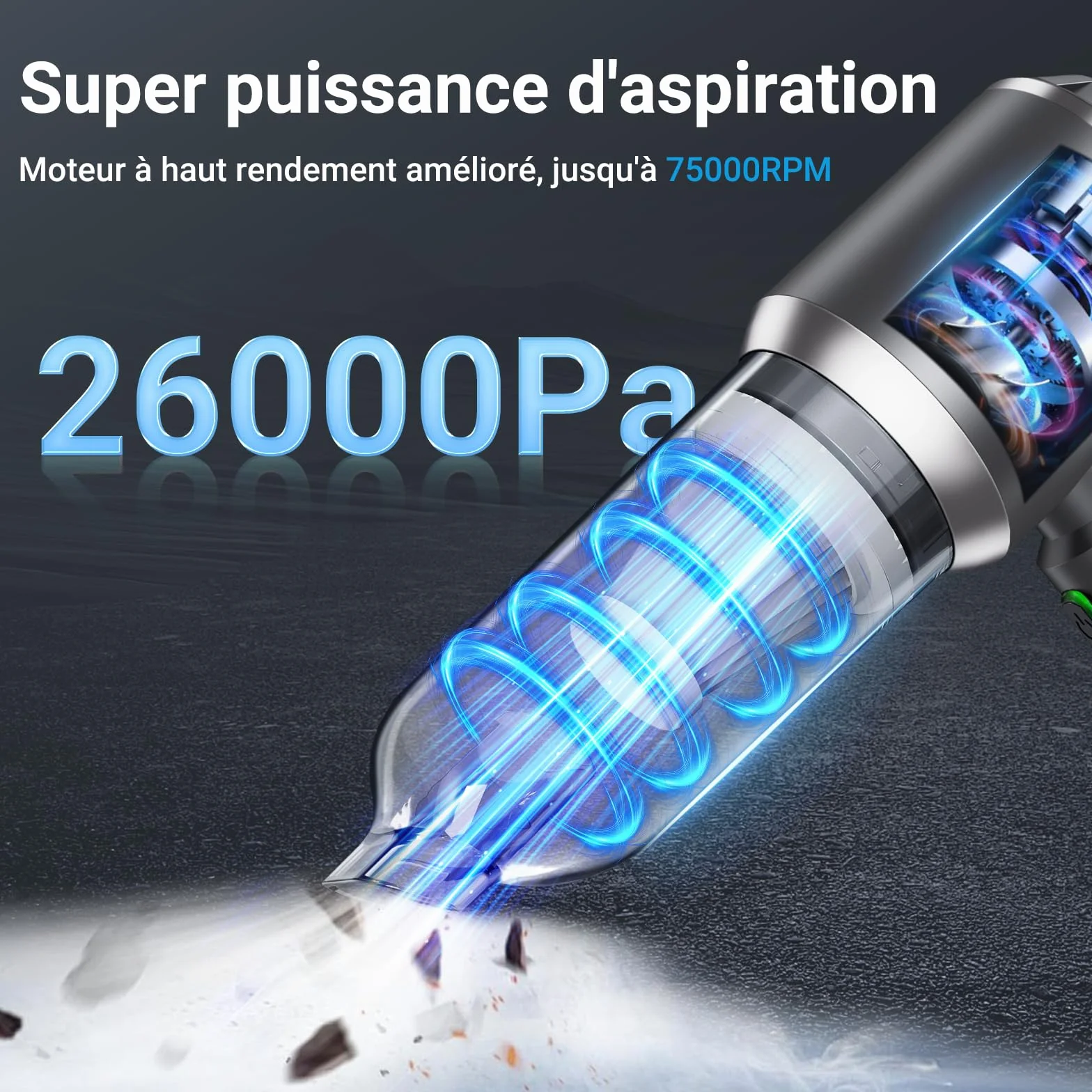 Aspirateur à Main sans Fil 26000Pa, 3 Vitesses Moteur sans Brosse, Mini Aspirateur de Voiture pour Animaux Maison