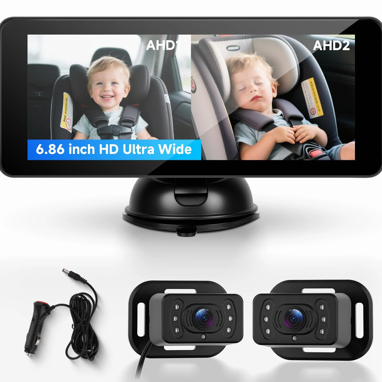 Hodozzy Podwójna kamera samochodowa dla 2 dzieci – 6,86 cala, wyświetlacz IPS Split-Screen HD, widoczność w nocy, obracana o 360° kamera bezpieczeństwa dla dzieci i zwierząt domowych, łatwa instalacja