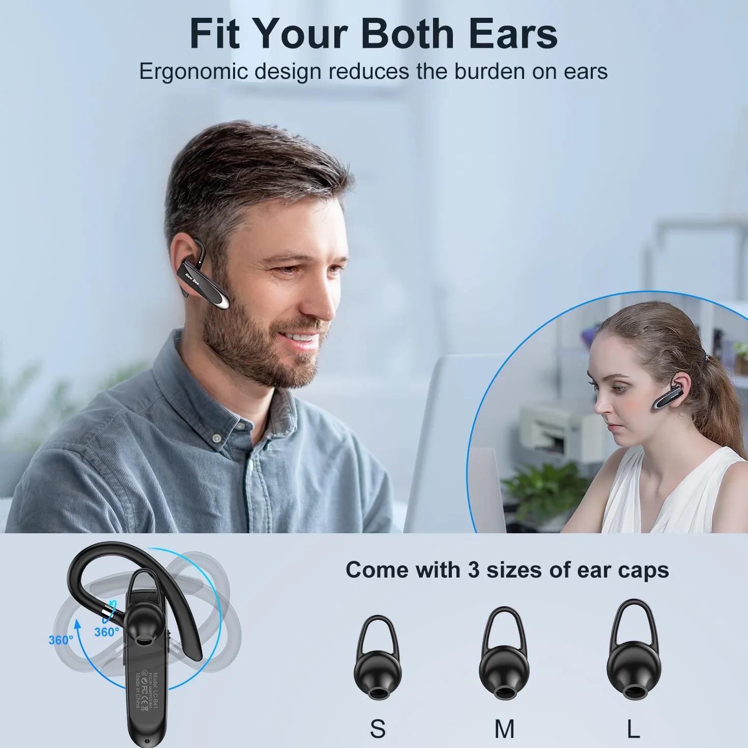 New Bee Zestaw słuchawkowy Bluetooth bezprzewodowy zestaw głośnomówiący z mikrofonem do iPhone Samsung Huawei z 60 dniami czuwania czarny