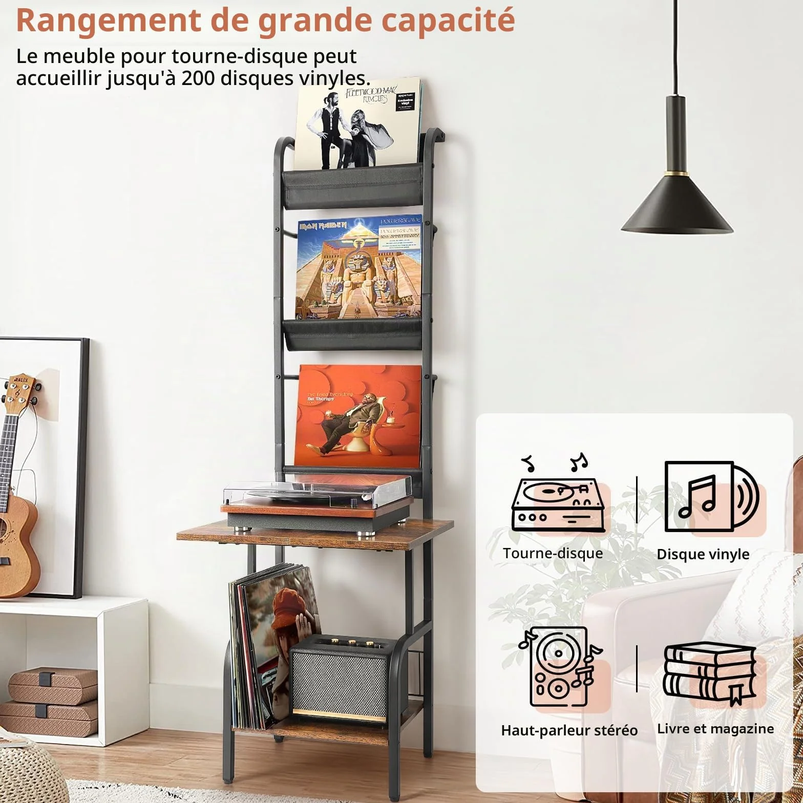 Rangement Vinyle, Support Vinyle, Meuble Vinyl à 3 Niveaux, Meuble Platine Vinyl Stockage jusqu'à 200 Albums Cds, Support Vinyls Mural, Tourne Disque pour Salon