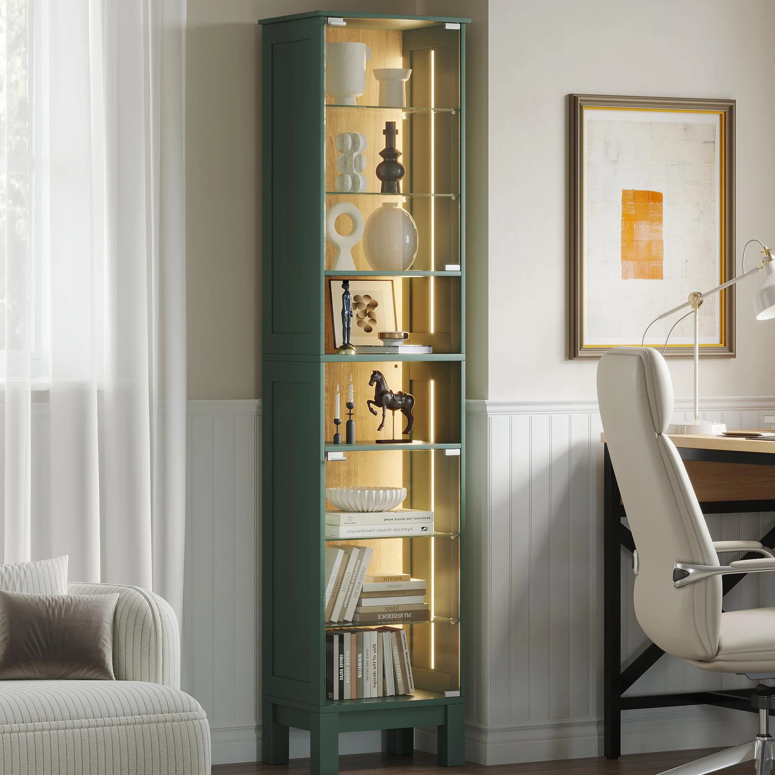 ZKIODV 180cm Vitrine LED, Armoire Vitrine Moderne avec Porte en Verre Trempé, 8 Étagères de Rangement Dont Réglables, Éclairage LED 3 Couleurs, Meuble Vitrine Étroit pour Salon, Bureau (Vert + Chêne)
