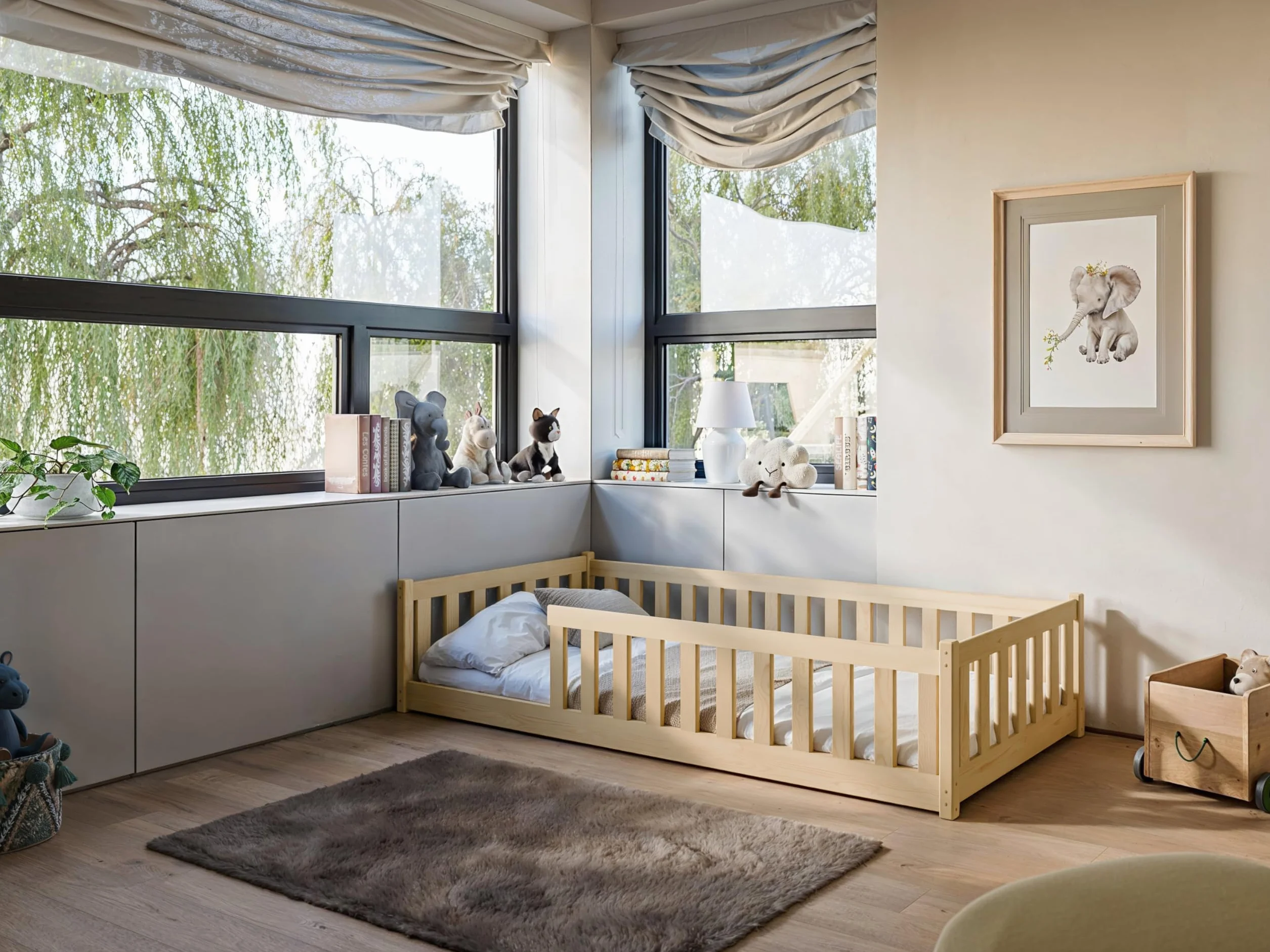 Lit d'Enfant Montessori 90x190 cm avec Protection Contre les Chutes & Sommier à Lattes - Lit à Barreaux pour Enfants et Adolescents