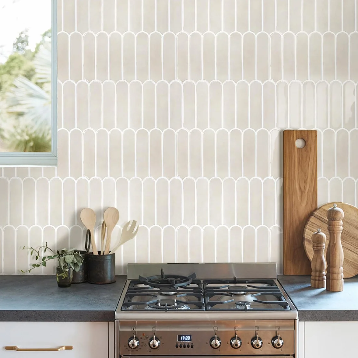 Commomy Plus épais Credence Adhesive Cuisine Vinyle Carrelage Adhesif Mural Salle de Bain Metro 3D Imperméable Toledo Cream FishScale 10 Pièces 30,5 x 30,5 cm