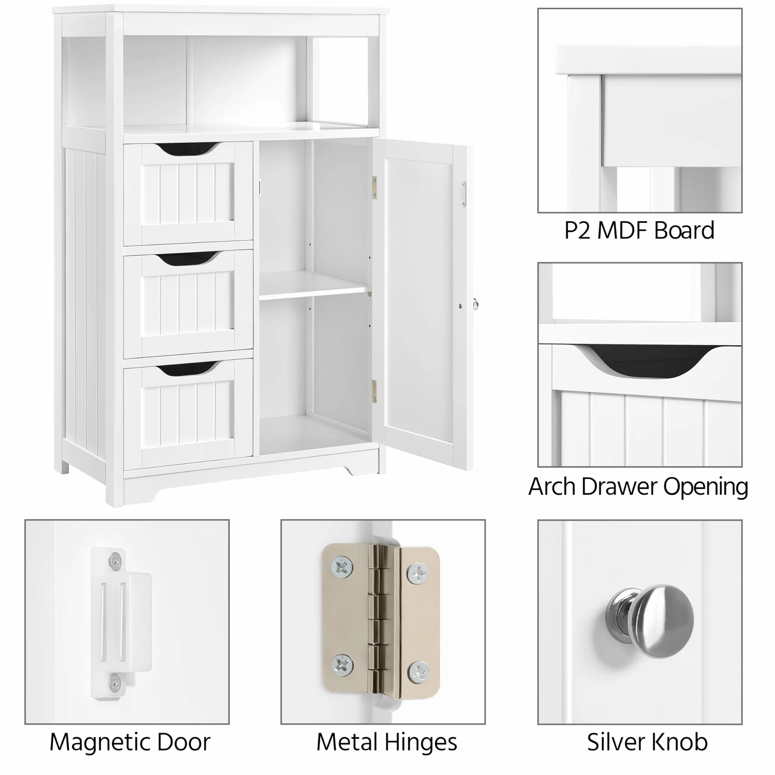Yaheetech Meuble/Commode de Salle de Bain en Bois, 55,5 x 29,5 x 86,5 cm, avec 3 Tiroirs, 1 Placard, 1 Compartiment Ouvert, Salon, Cuisine, Couloir Blanc