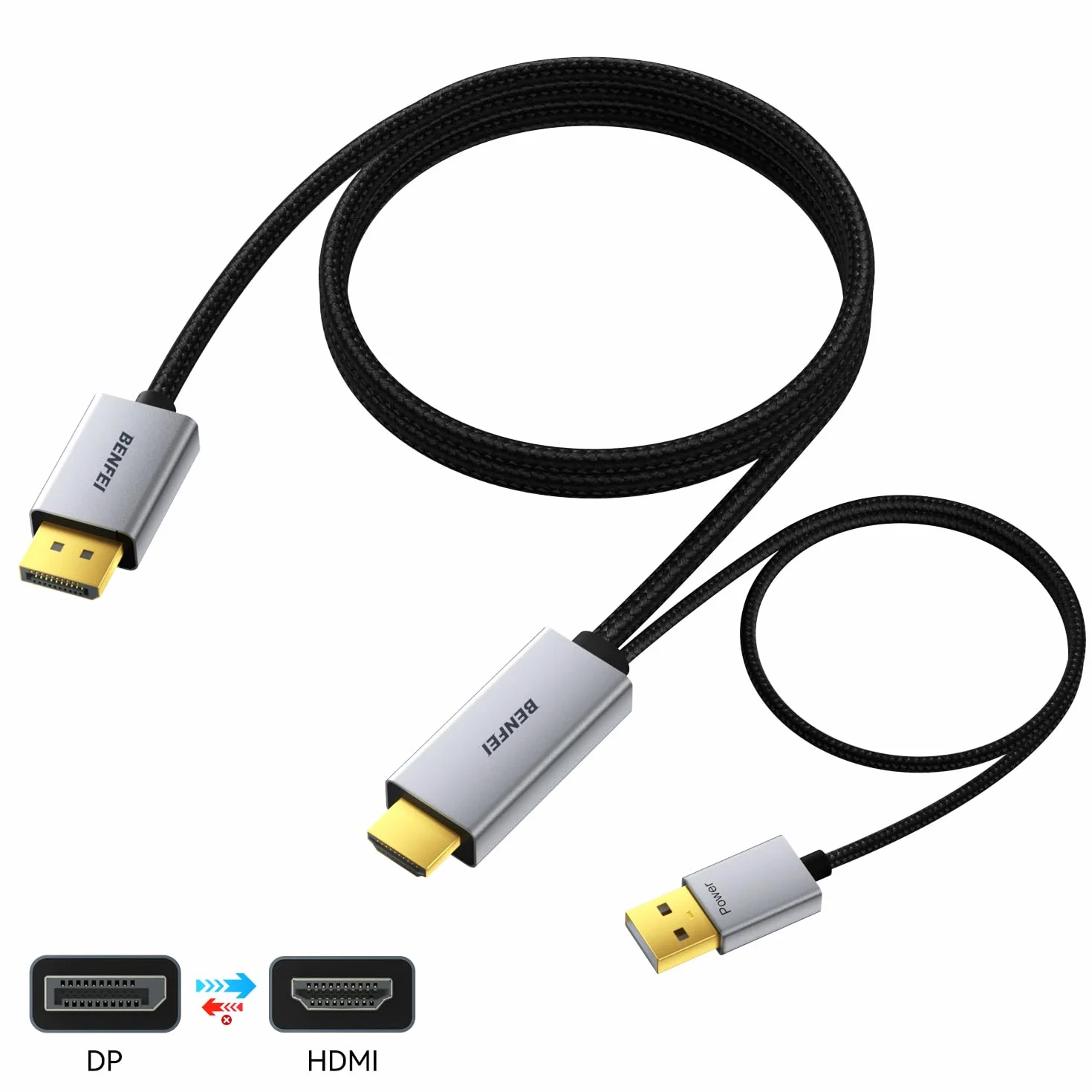 BENFEI Kabel DisplayPort 1.4 do HDMI 2.1 1.8 m 8K przy 60 Hz 4K przy 240 Hz/165 Hz/144 Hz/120 Hz, jednokierunkowy DP (źródło) do HDMI (wyświetlacz) z zasilaczem USB 5V/1A, obsługuje HDR/DSC/HDCP 2.3
