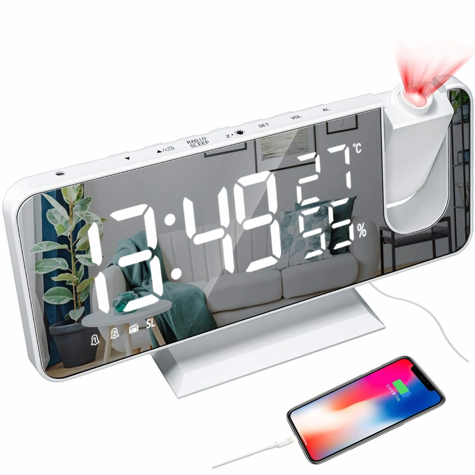 Réveil à Projection LED avec Miroir, Radio FM, Double Alarme, Port USB, Température et Humidité, 12/24H