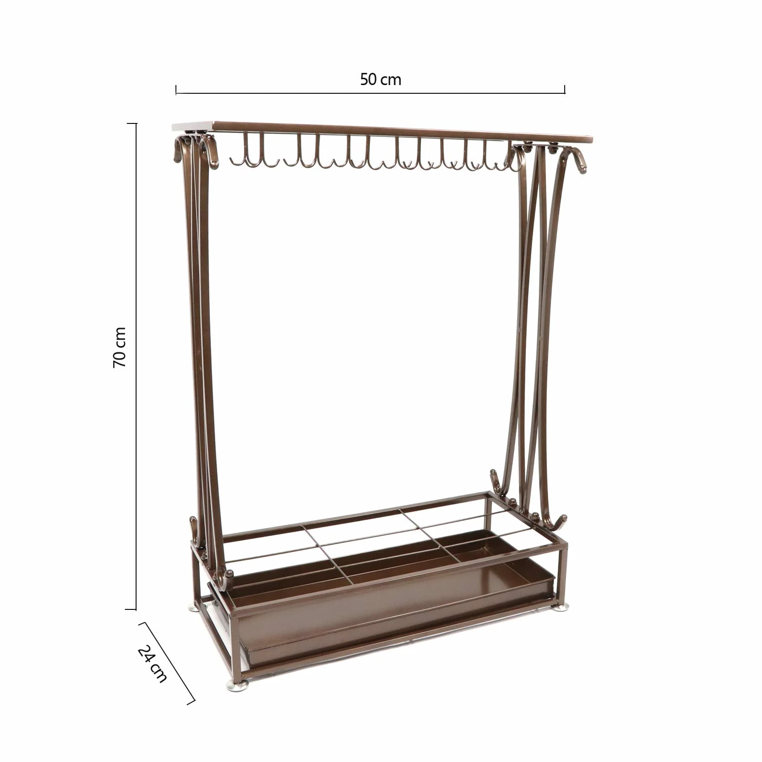 Porte-parapluie rectangulaire extra large en métal bronze 21 trous 24 crochets 70 x 50 x 24 cm
