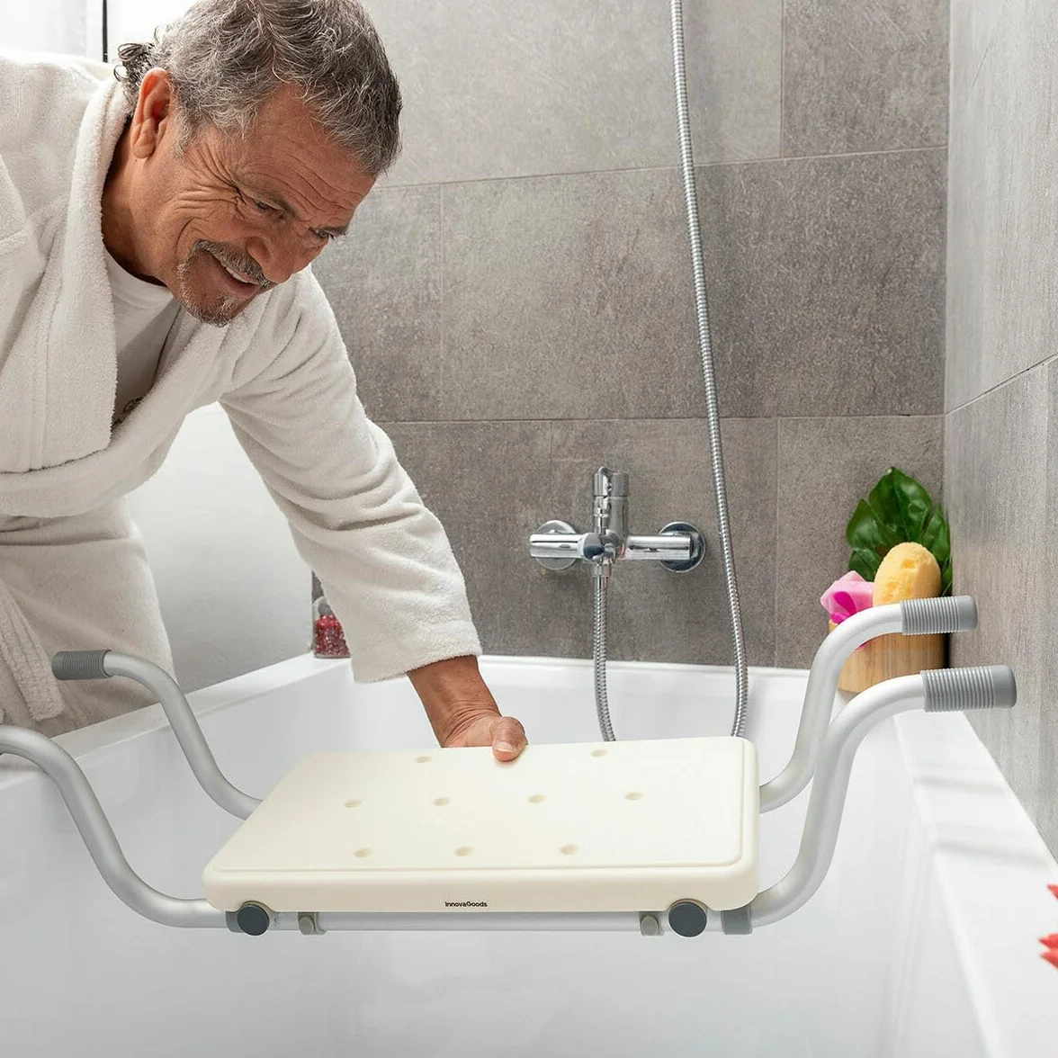 InnovaGoods Tabouret de Douche 2 en 1, Tabouret de Douche Extensible, Antidérapant, 2 Positions, Chaise de Douche pour Personnes âgées, Prise en Main Ferme, Blanc
