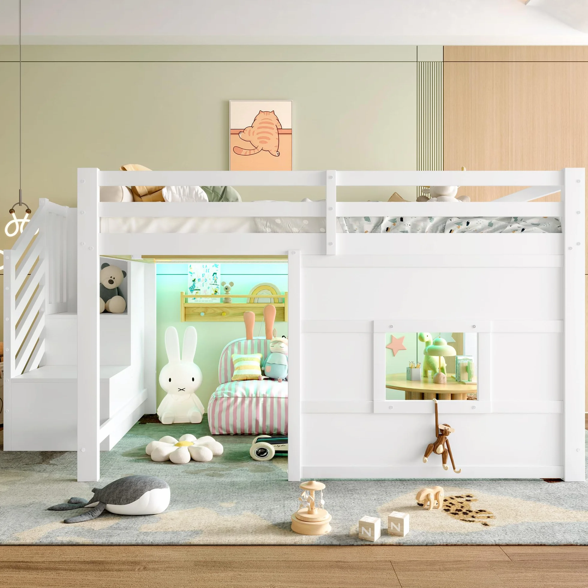 Lit Mezzanine 140x200 cm avec Escalier De Rangement et Fenêtre, Blanc – Lit Superposé Enfant 1 Place, Structure Robust en Pin Massif, Sécurité Garantie, pour Garçon et Fille