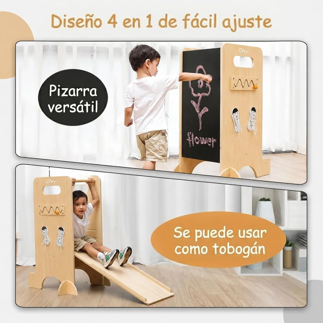 Tour d'apprentissage Montessori 4 en 1 Olvy Kids - Échelle en Bois - Tabouret escabeau à 4 marches - Tour de Cuisine pour Enfants - Tour d'apprentissage Debout pour Enfants à partir de 1 an