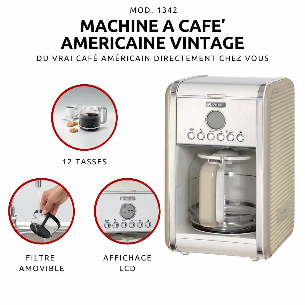 Ariete Vintage Machine à Café Americano 1342, Cafetière Filtre, Carafe en Verre Trempé, Jusqu'à 12 Tasses, Minuteur 24 Heures, Arrêt Automatique, Anti-Gouttes, Capacité 1.5 L, 2000W, Beige