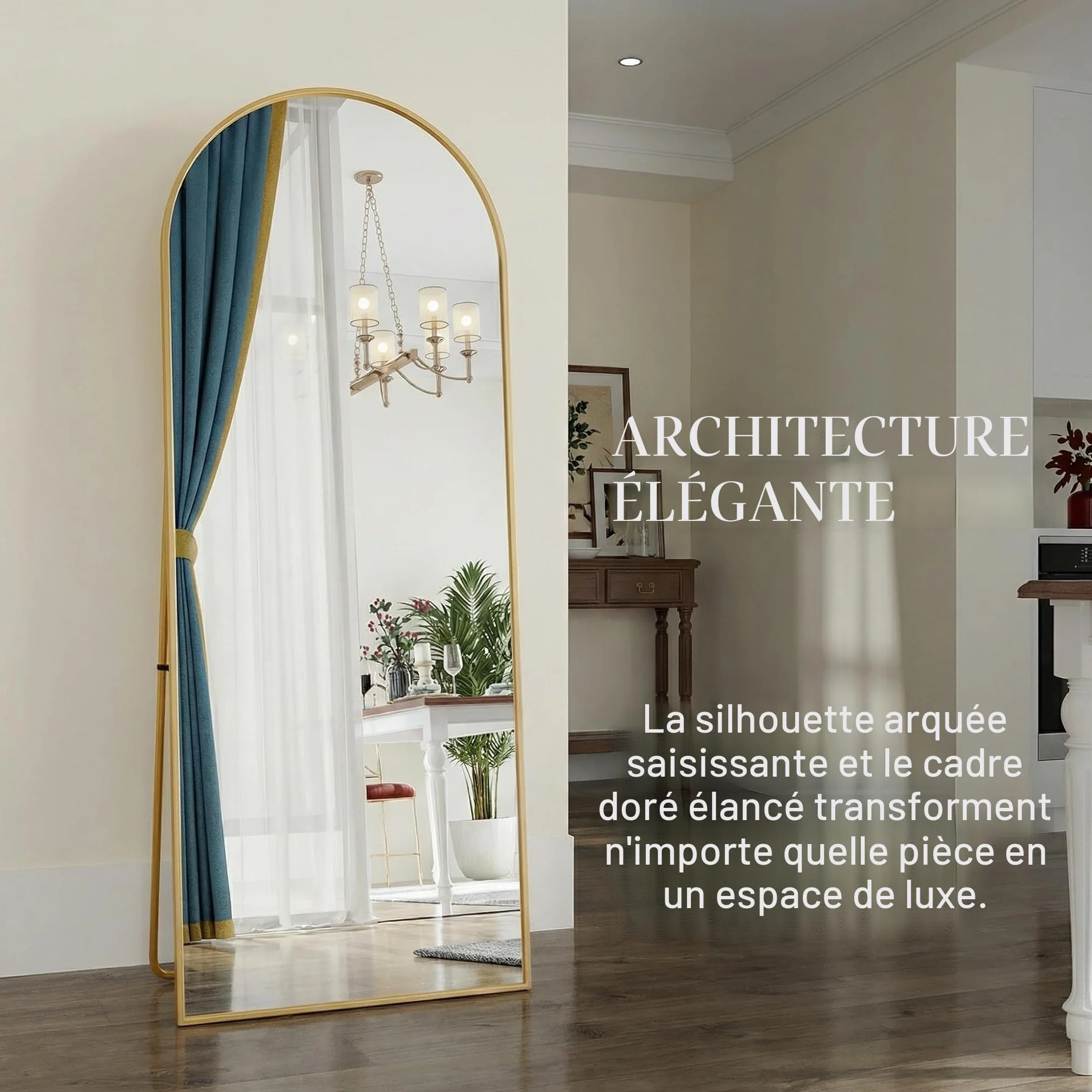 Miroir complet cadre aluminium doré 162 x 53 cm suspendre mur poser coins arrondis