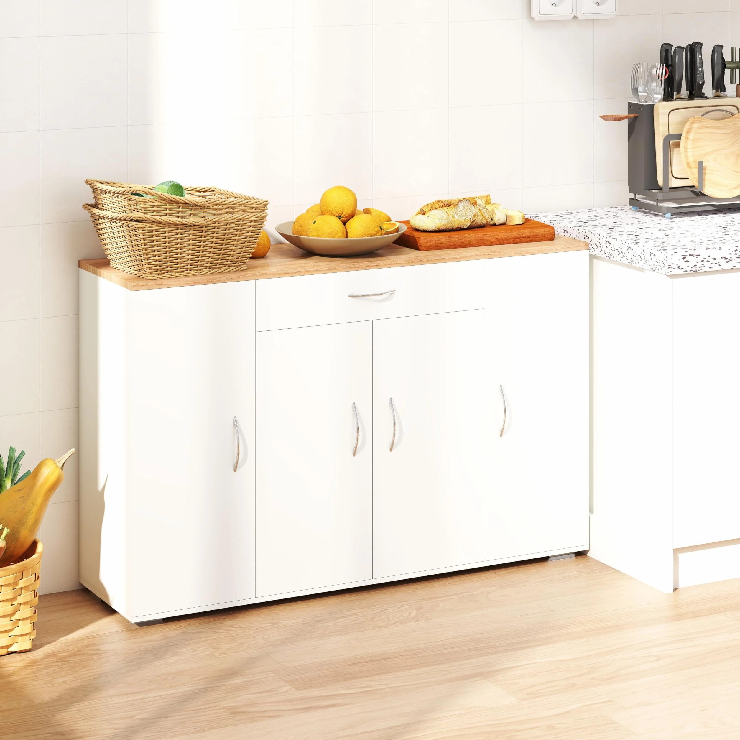 Meuble Cuisine Rangement Plan de Travail Cuisine Buffet Cuisine Blanc 110 x 30 x 70 cm avec Tiroir et 4 Portes Meuble Bas Cuisine Meuble Rangement Cuisine Salle à Manger Salon Armoire