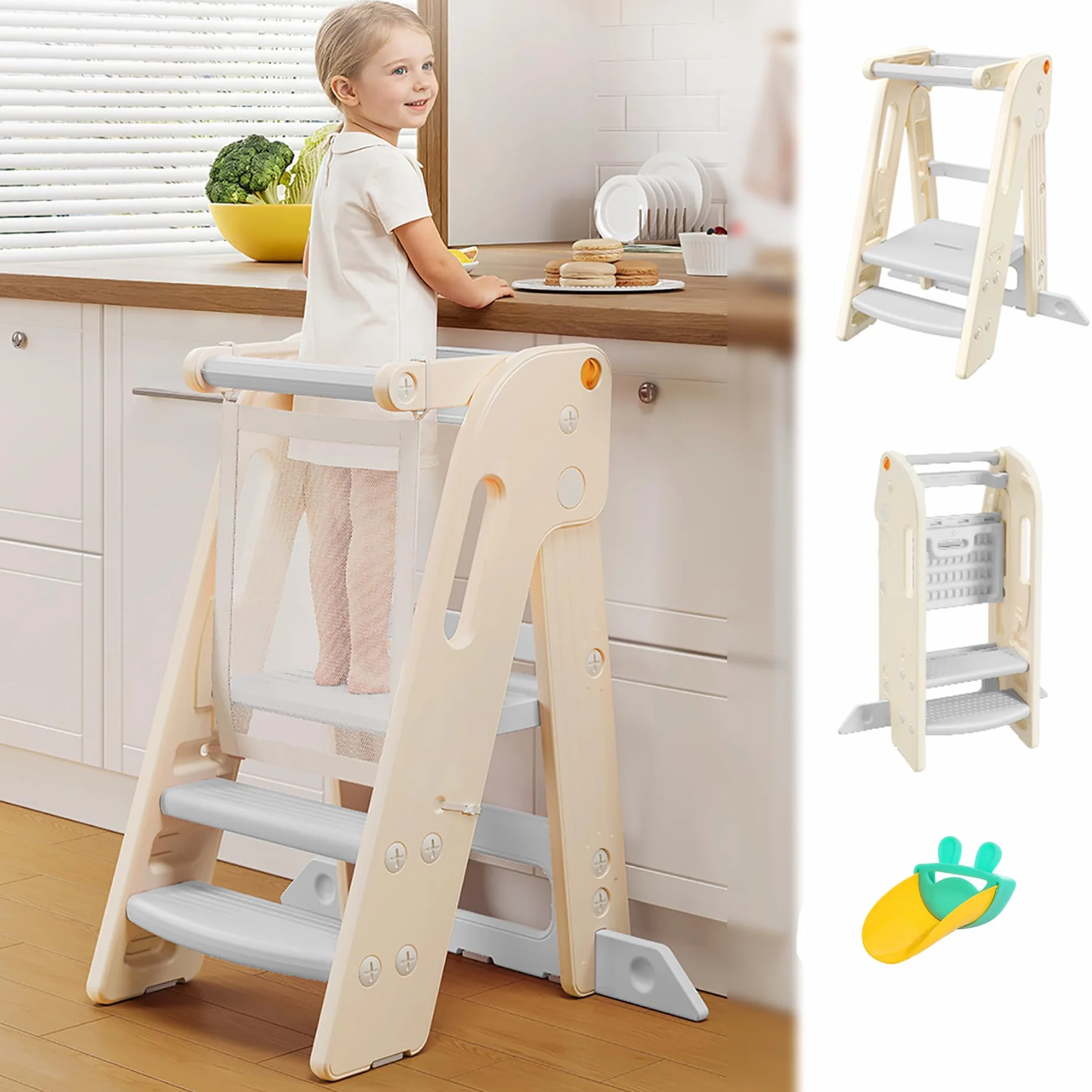 Tour d'apprentissage pour Enfants, Pliable, Tour d'observation équipée de barrières, Réglable en Hauteur, Tour d Observation Enfant pour Cusine|Salle de Bain|Chambre à Coucher, 1,5 à 6 Ans (Blanc)
