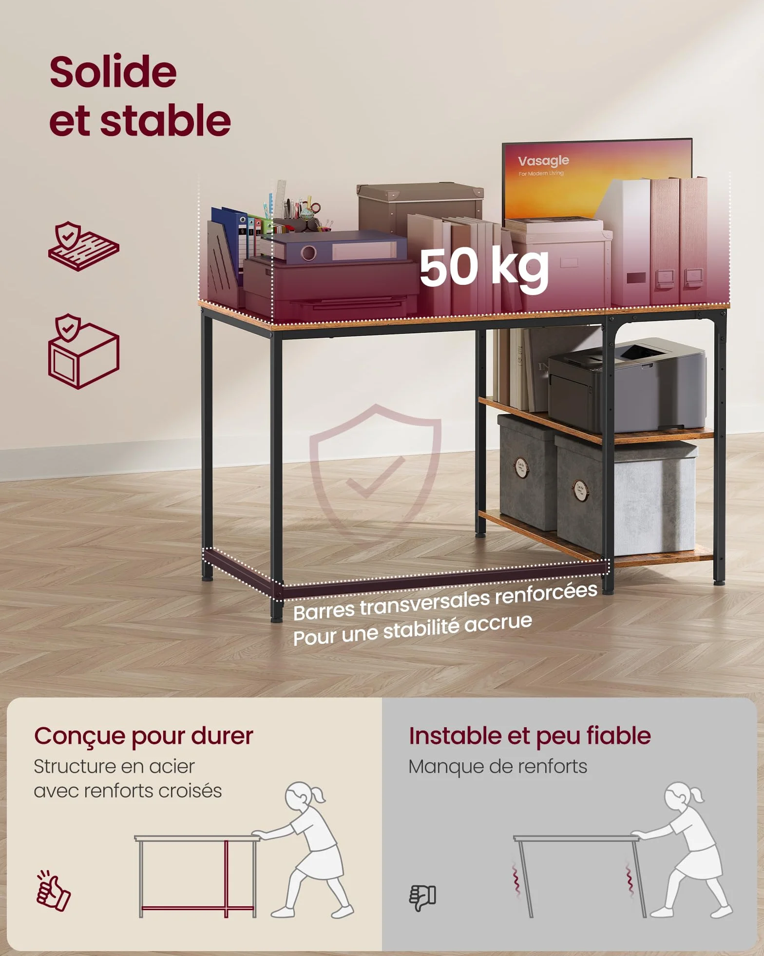 VASAGLE Bureau Gaming en L avec Rangement, Prises et Ports USB, 110 x 80 cm, Marron Rustique