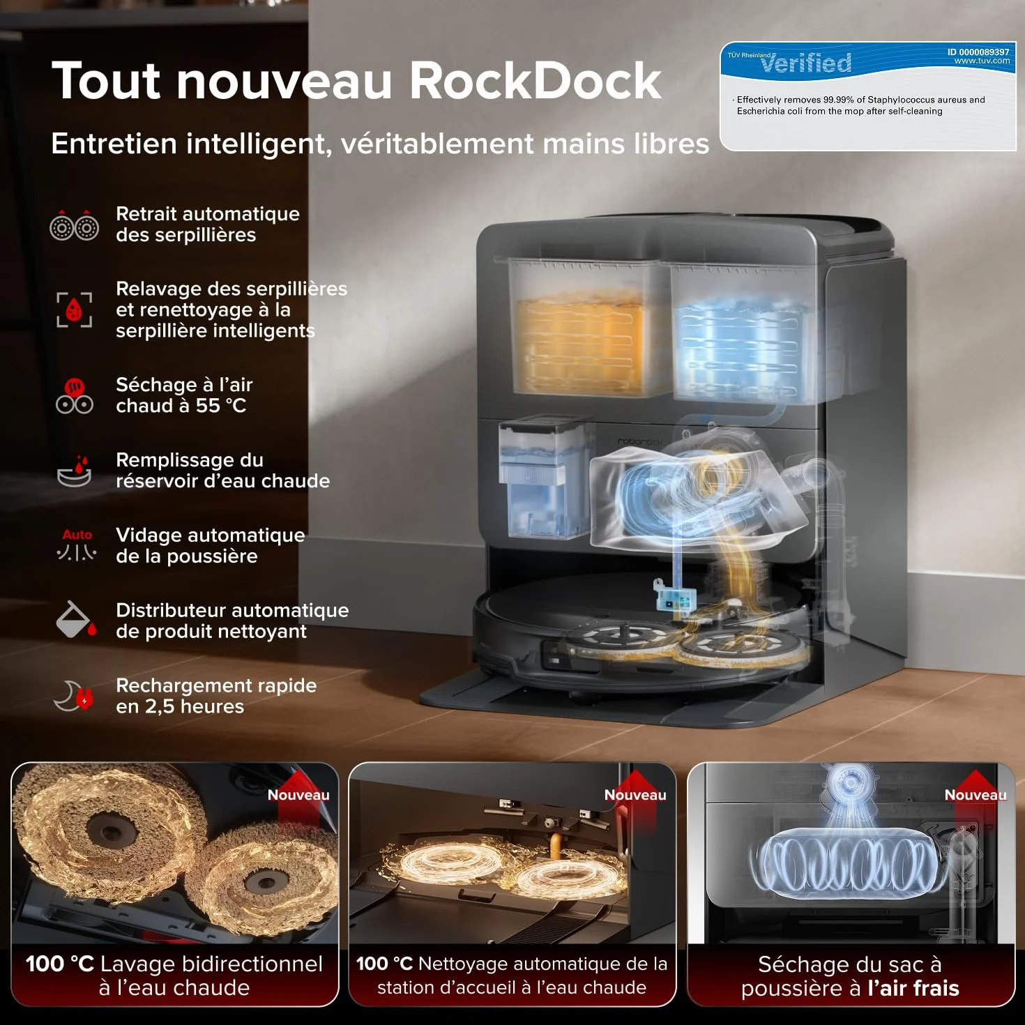 Roborock Saros 20 Robot Aspirateur Laveur 36000Pa Châssis AdaptiLift 3.0 StarSight 2.0 Anti-enchevêtrements FlexiArm RockDock Ultra-mince