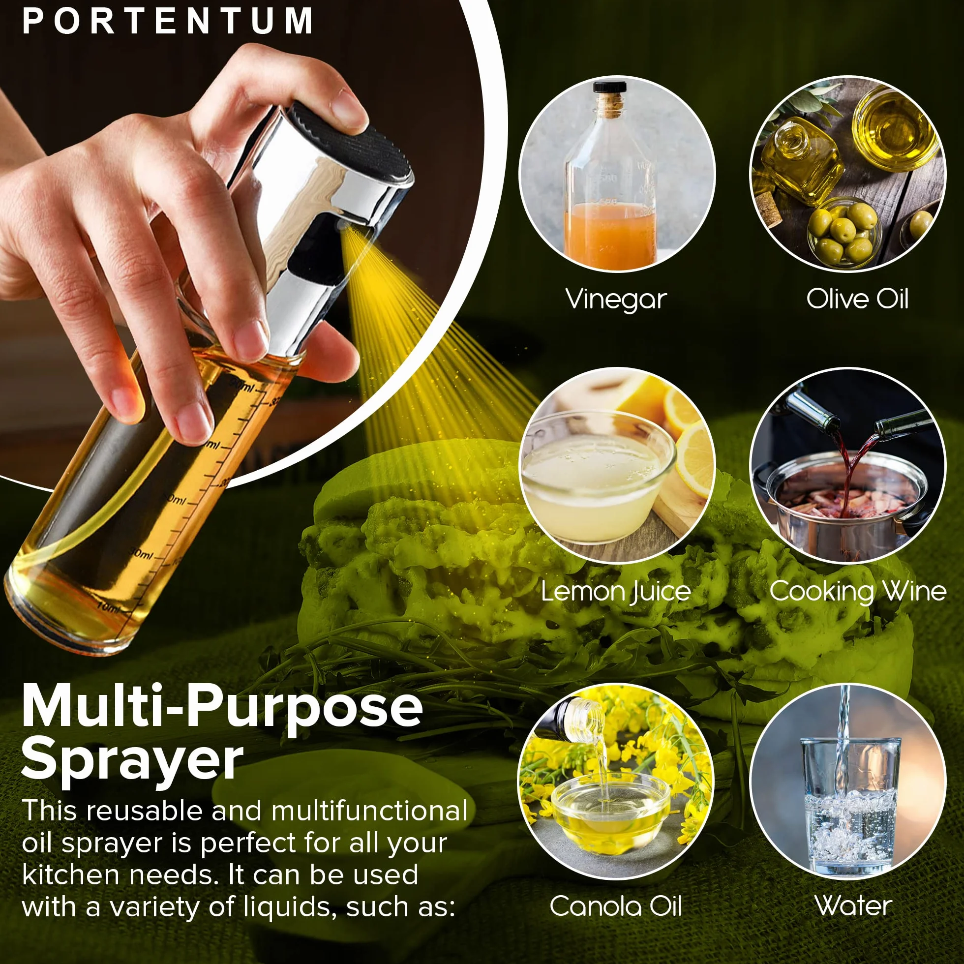 PORTENTUM Pulvérisateur d’Huile 100 ml Inox Huile Spray Cuisine Friteuse Air Huilier Verre Antigoutte