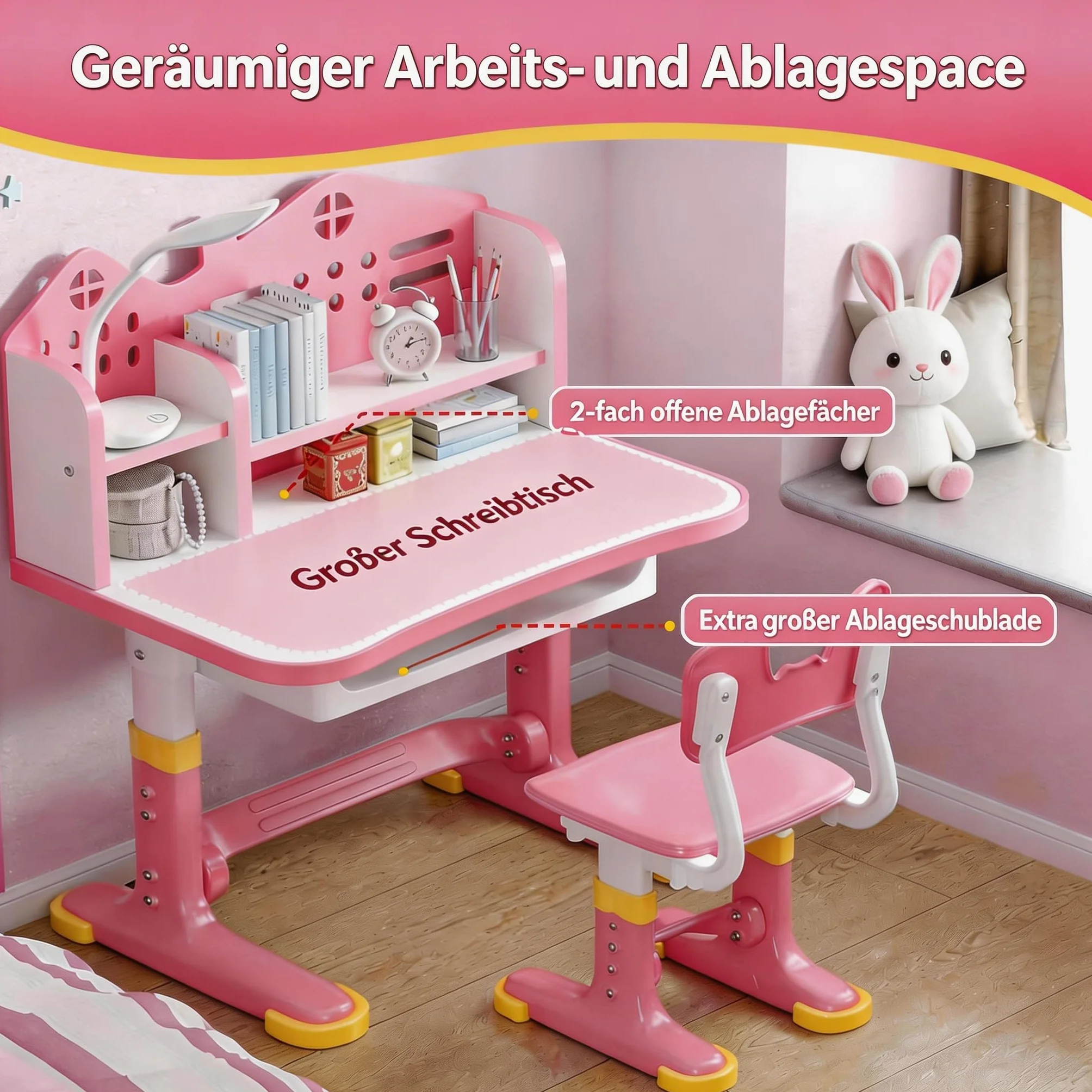 Ensemble de bureau pour enfant avec chaise réglable en hauteur, bureau d'apprentissage avec dossier château, surface de travail élargie, support de livre et tiroir de rangement pour chambre
