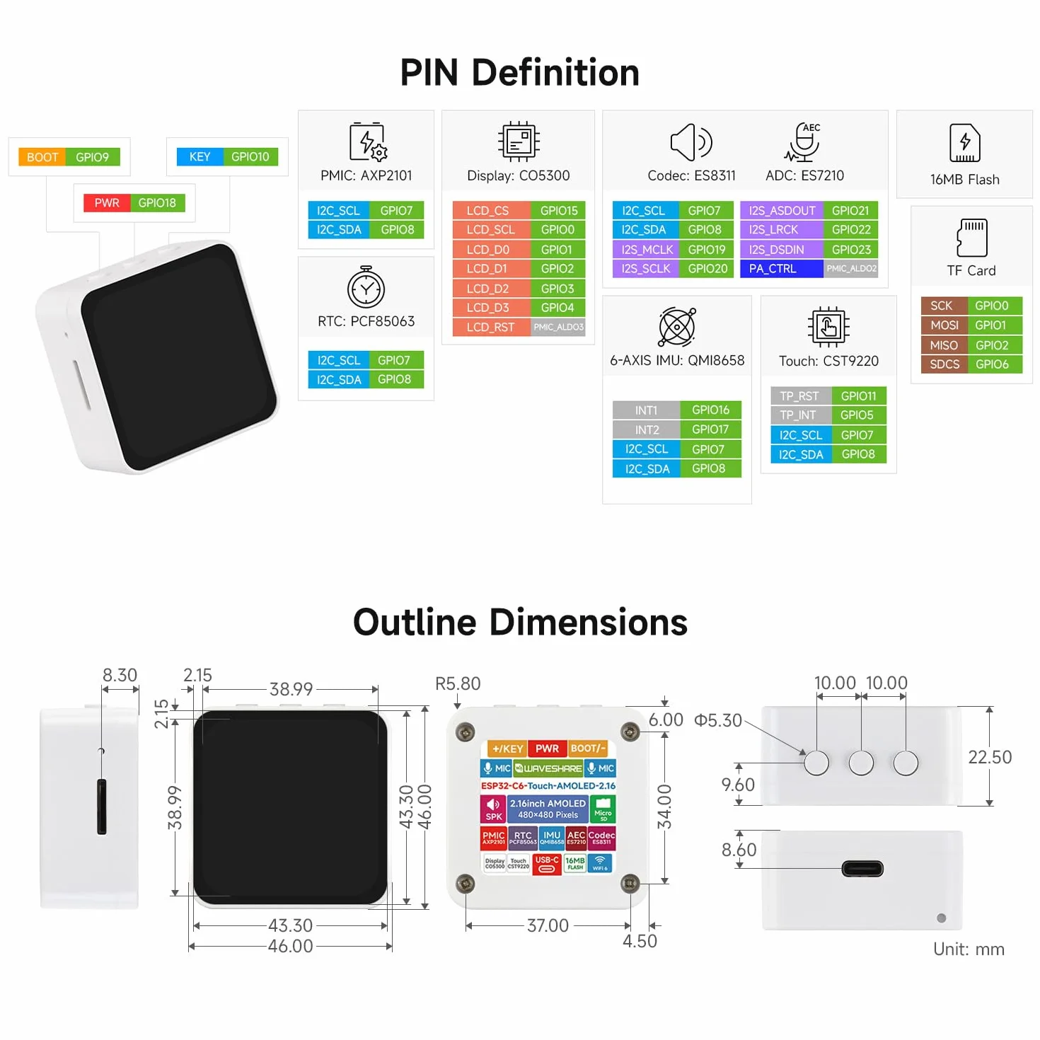 Waveshare ESP32-C6 2.16inch AMOLED Display Touch Screen Development Board, 480 x 480 Resolution, 16.7M Color, Supports Dual Microphones, Wi-Fi 6 And BLE 5, No Batt
